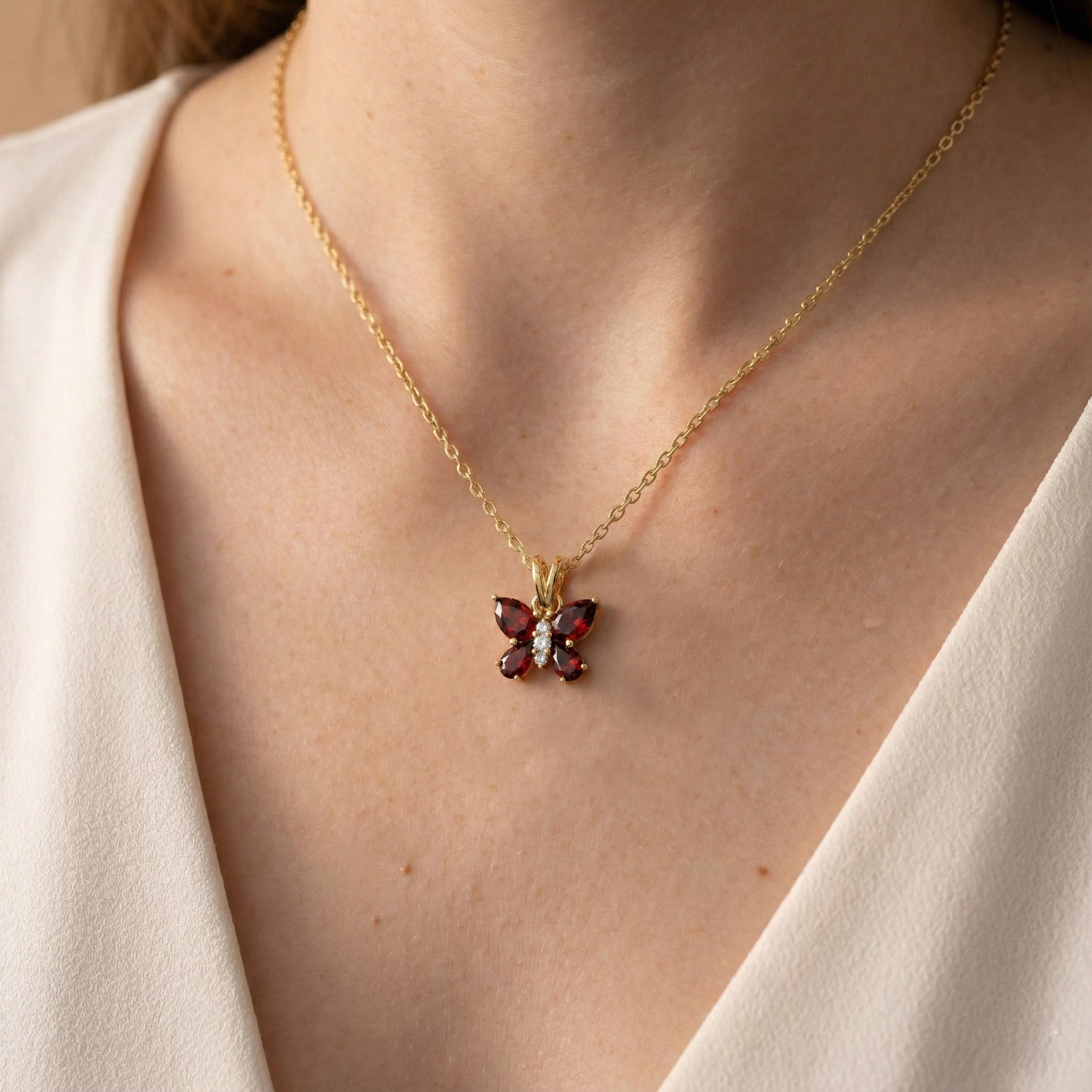 Garnet Pear Butterfly Pendant Necklace in 925 Sterling Silver 2ct