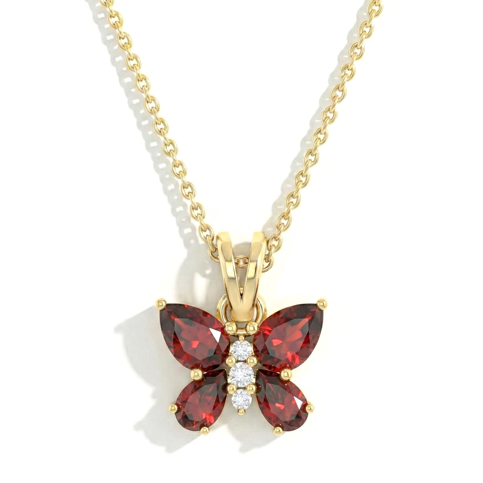 Garnet Pear Butterfly Pendant Necklace in Yellow Gold Plated 2ct