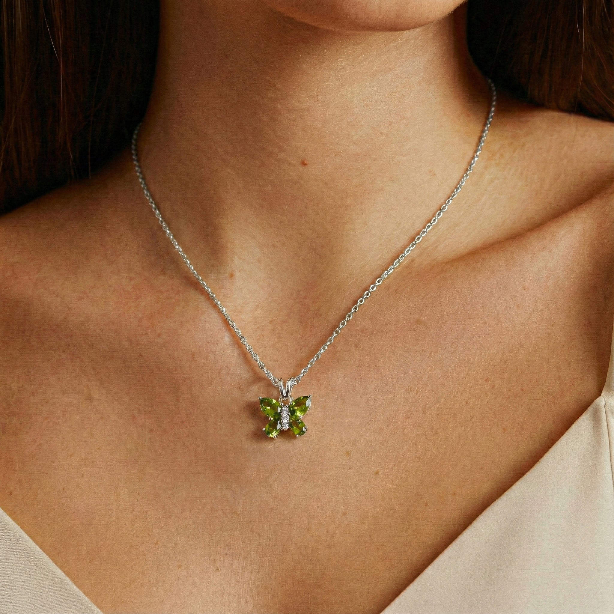 Peridot Pear Butterfly Pendant Necklace in 925 Sterling Silver 2ct