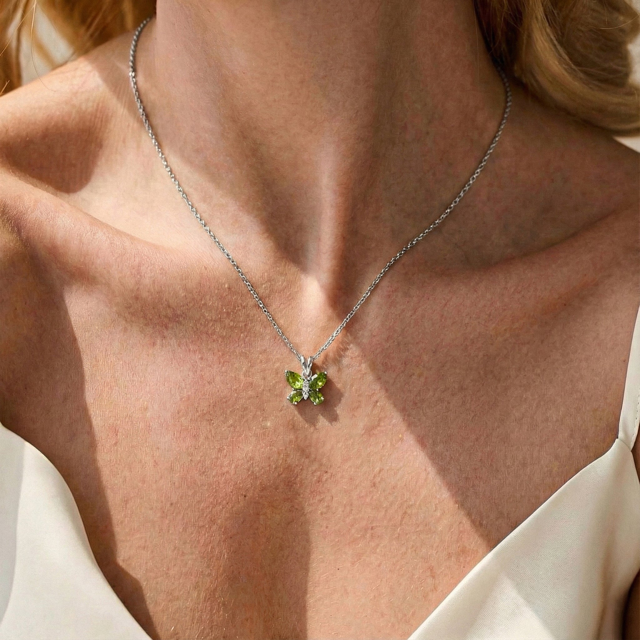 Peridot Pear Butterfly Pendant Necklace in 925 Sterling Silver 2ct