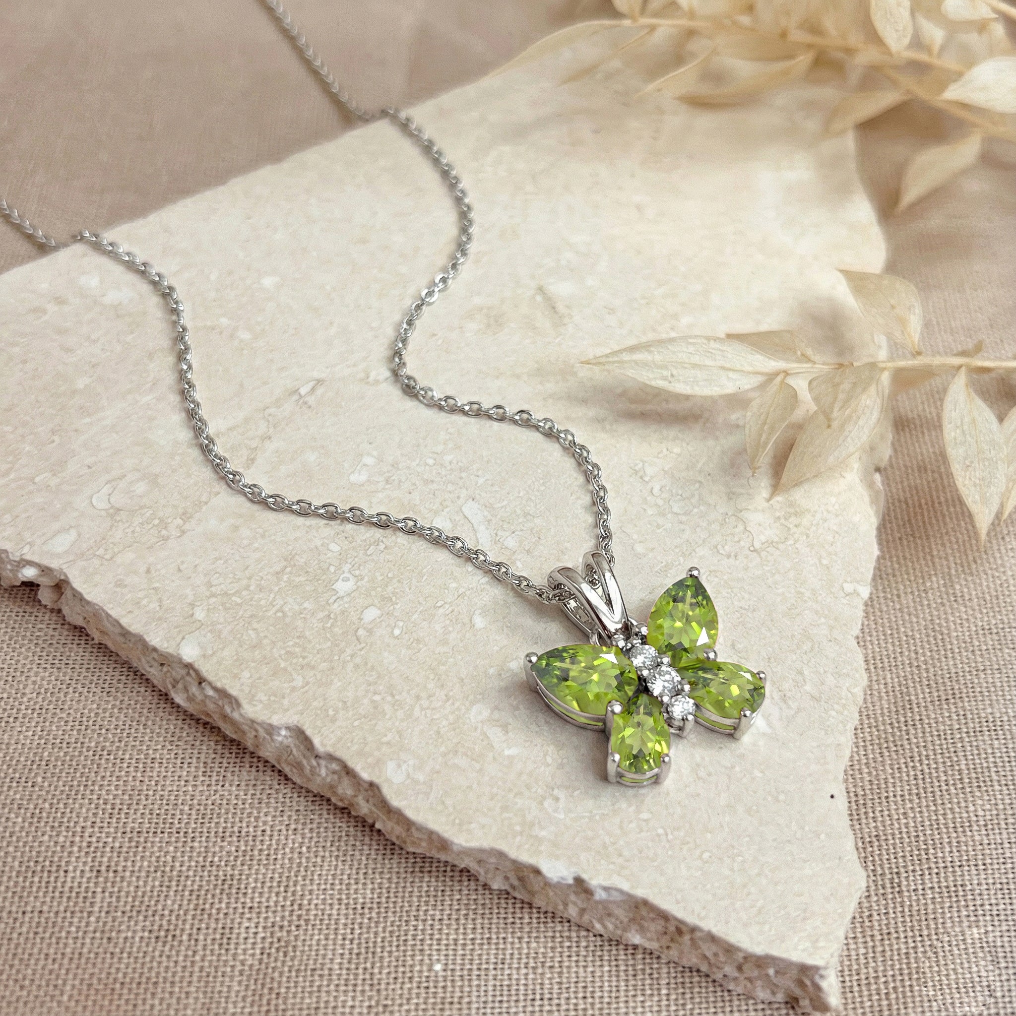 Peridot Pear Butterfly Pendant Necklace in 925 Sterling Silver 2ct