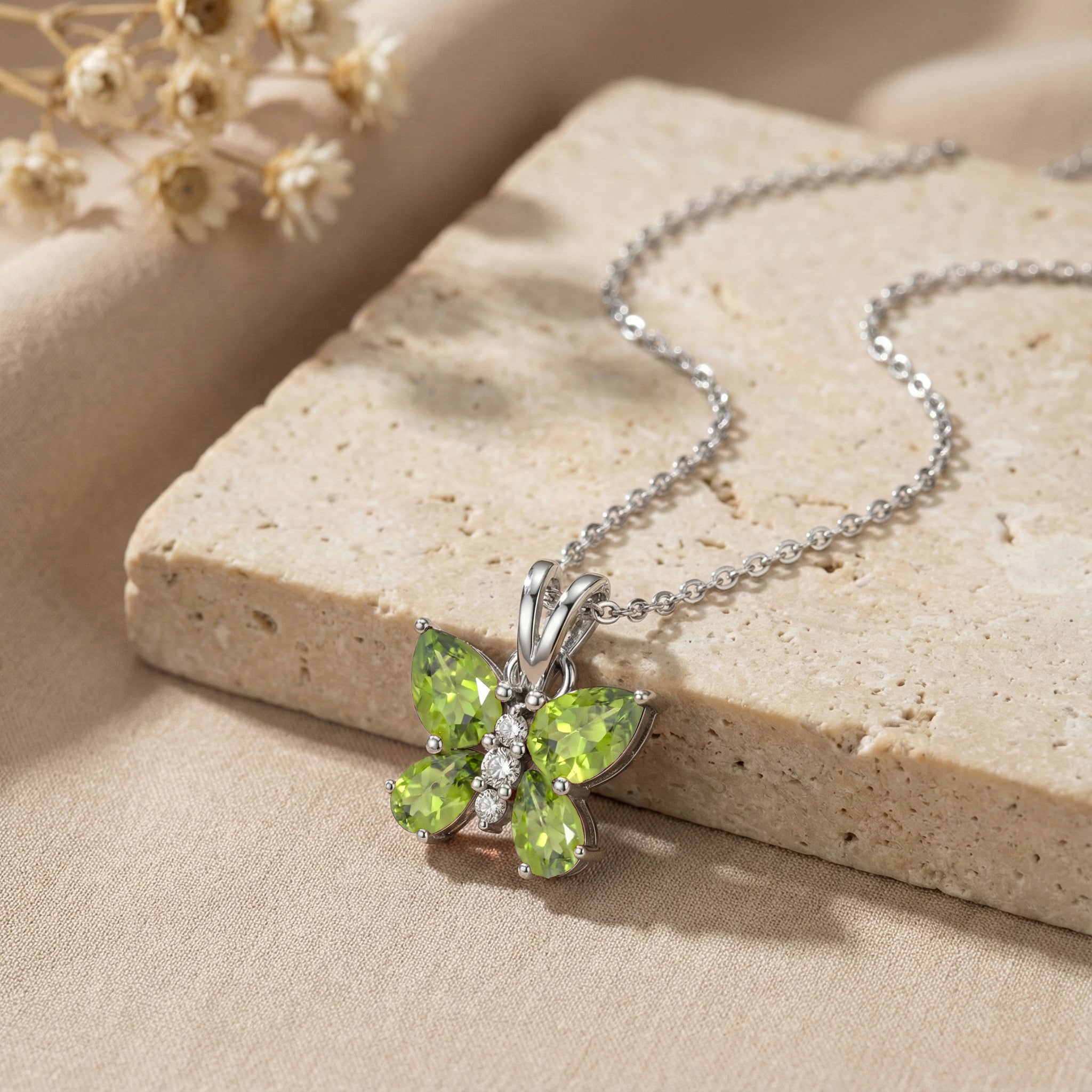 Peridot Pear Butterfly Pendant Necklace in 925 Sterling Silver 2ct