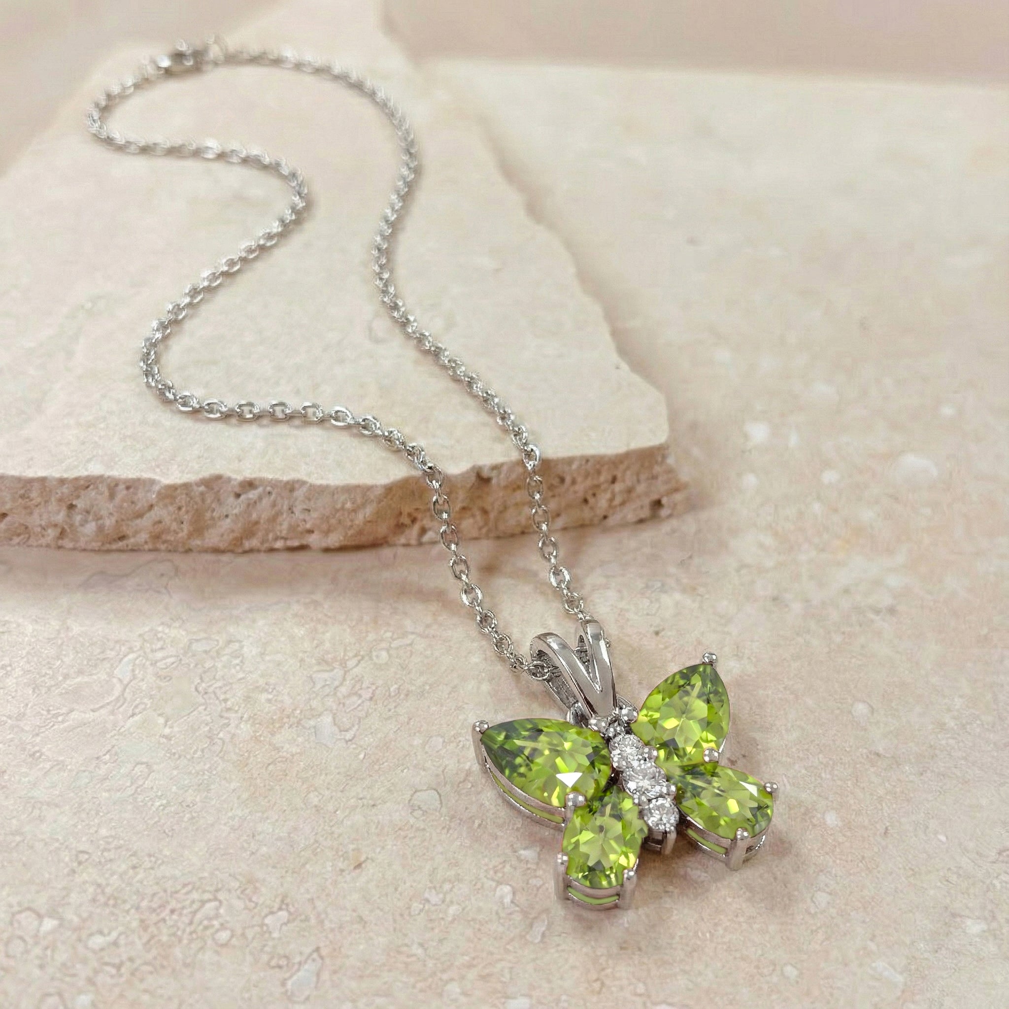 Peridot Pear Butterfly Pendant Necklace in 925 Sterling Silver 2ct