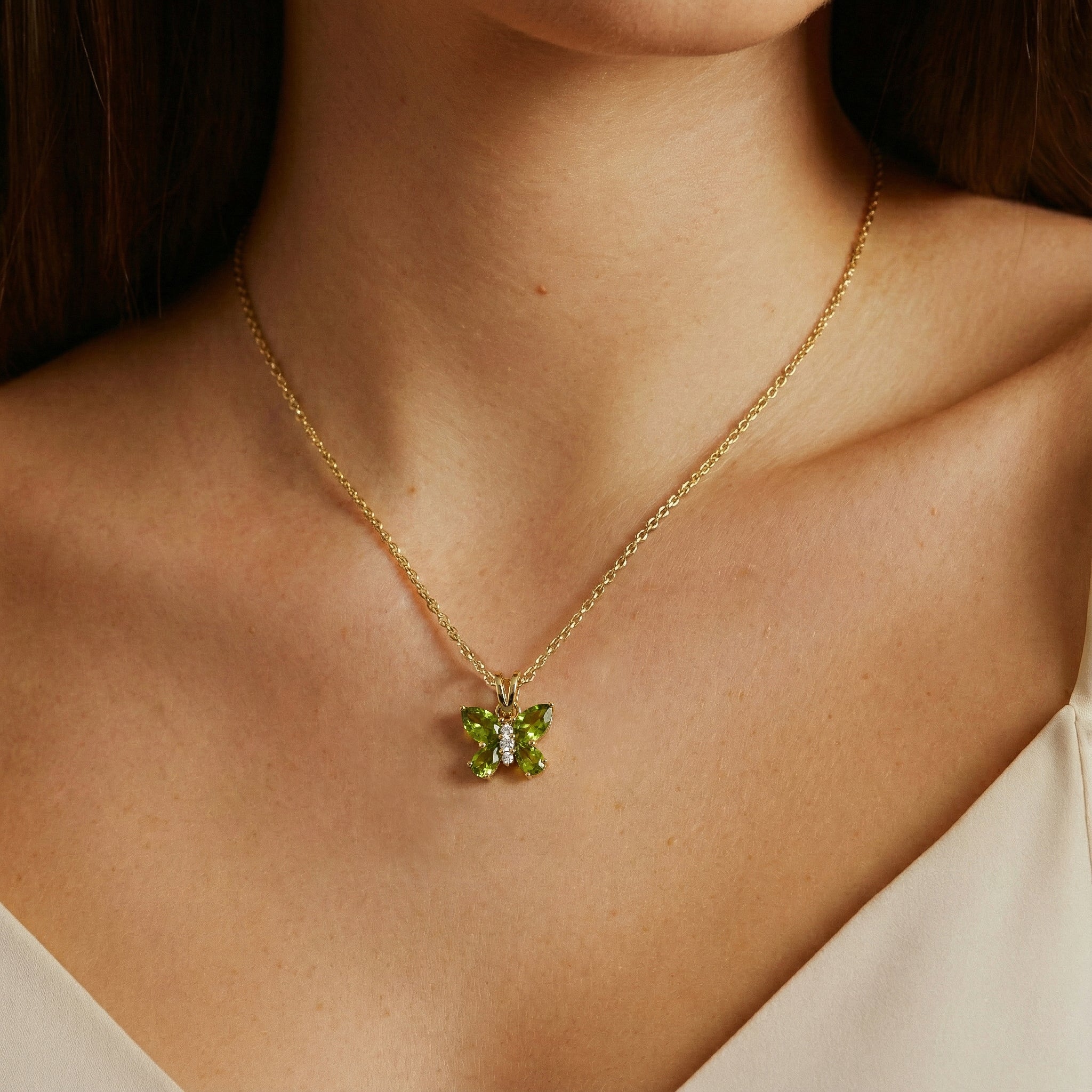 Peridot Pear Butterfly Pendant Necklace in 925 Sterling Silver 2ct