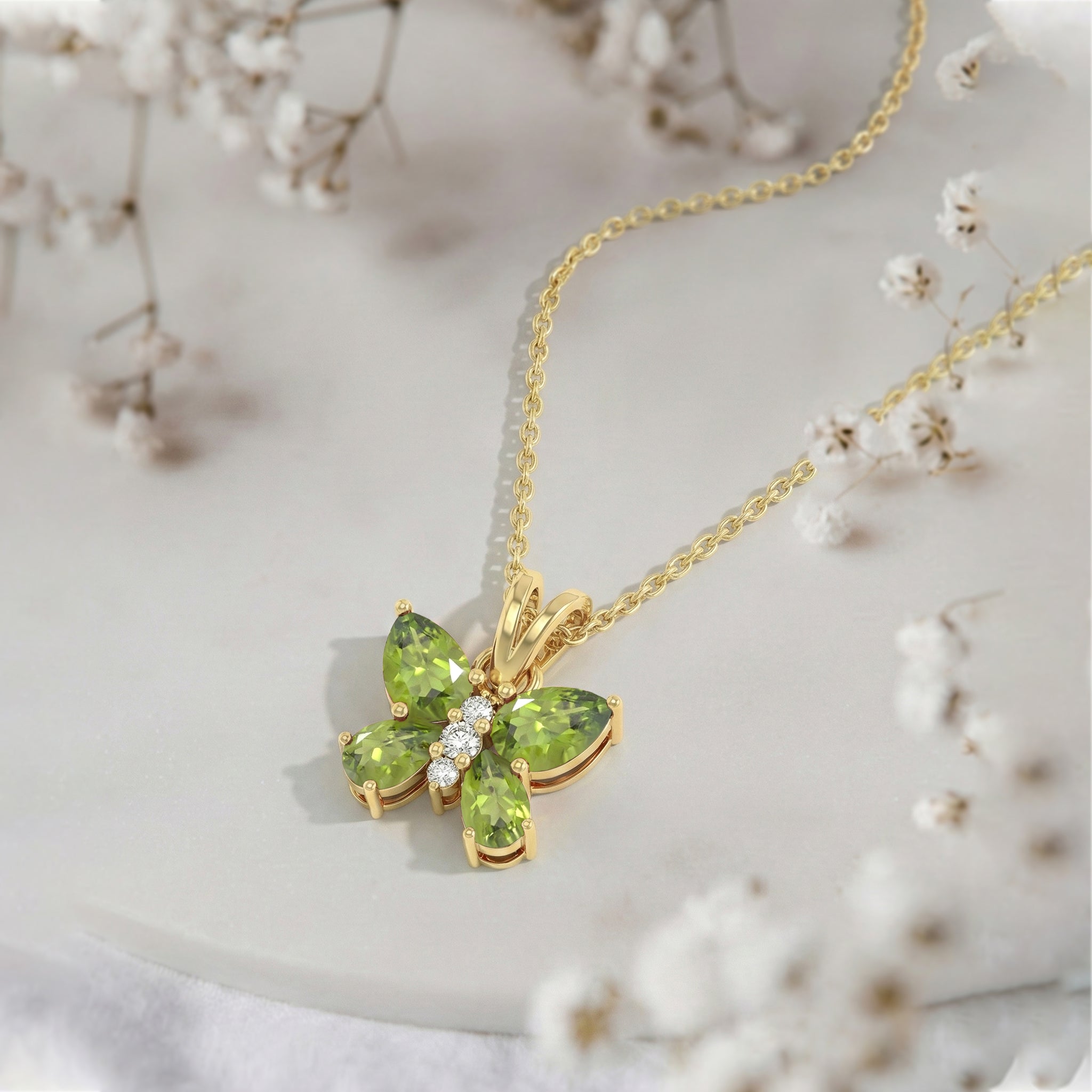 Peridot Pear Butterfly Pendant Necklace in 925 Sterling Silver 2ct