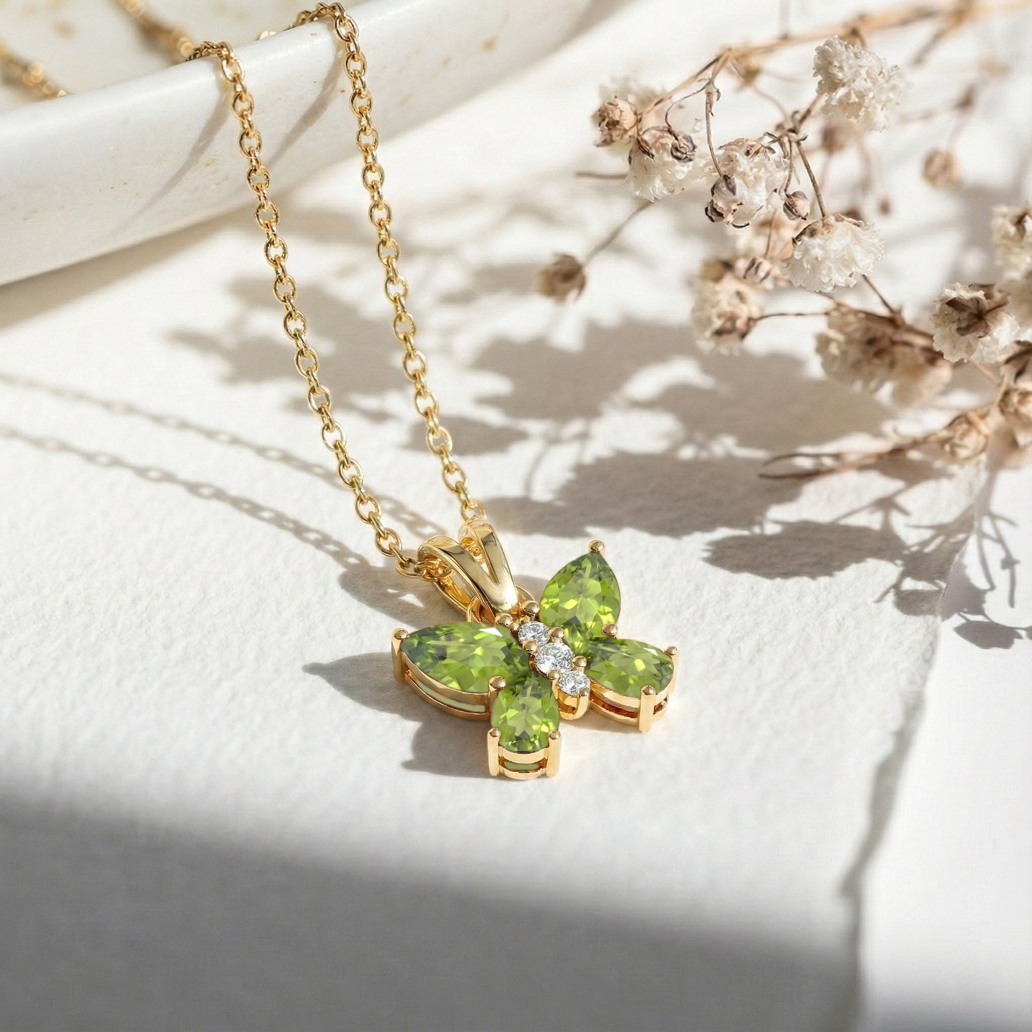 Peridot Pear Butterfly Pendant Necklace in 925 Sterling Silver 2ct