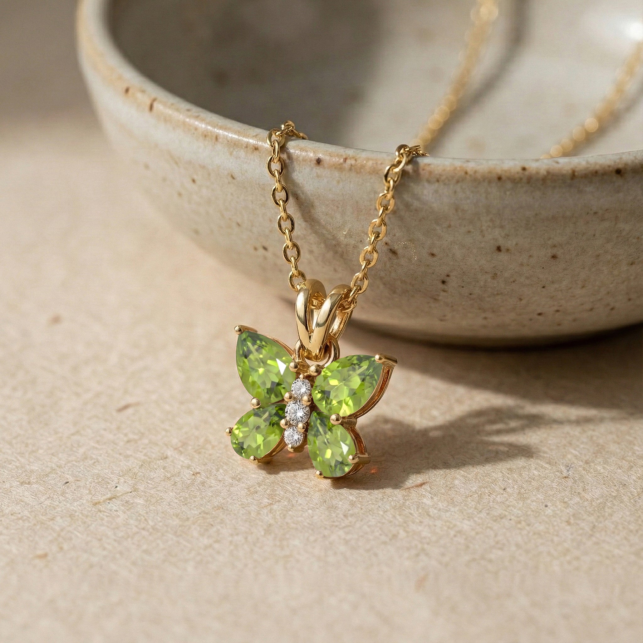 Peridot Pear Butterfly Pendant Necklace in 925 Sterling Silver 2ct