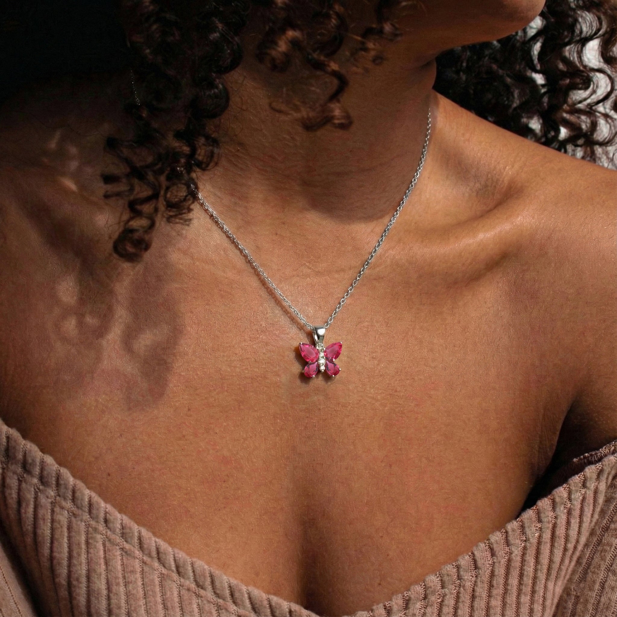 Pink Tourmaline Pear Butterfly Pendant Necklace in 925 Sterling Silver 2ct