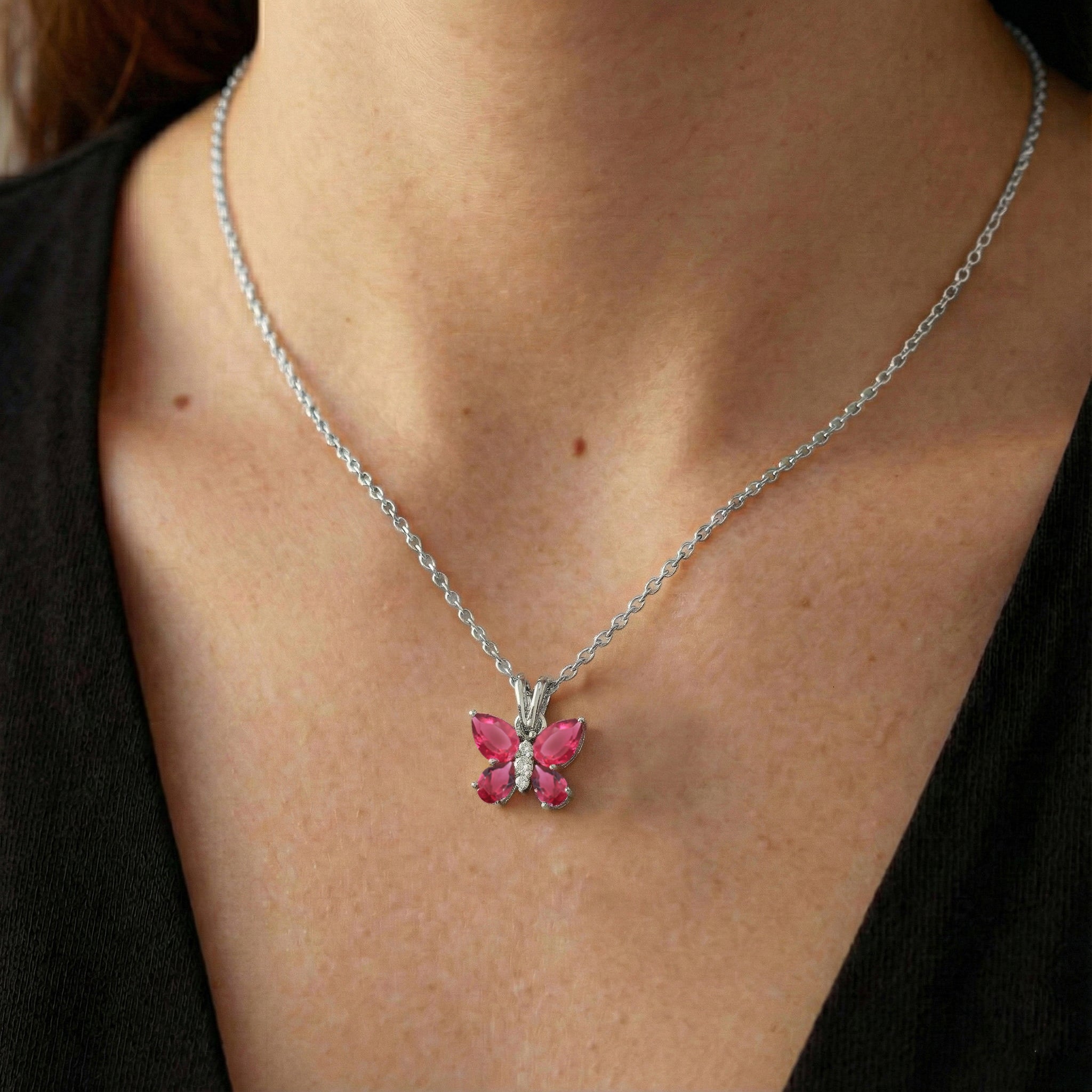 Pink Tourmaline Pear Butterfly Pendant Necklace in 925 Sterling Silver 2ct