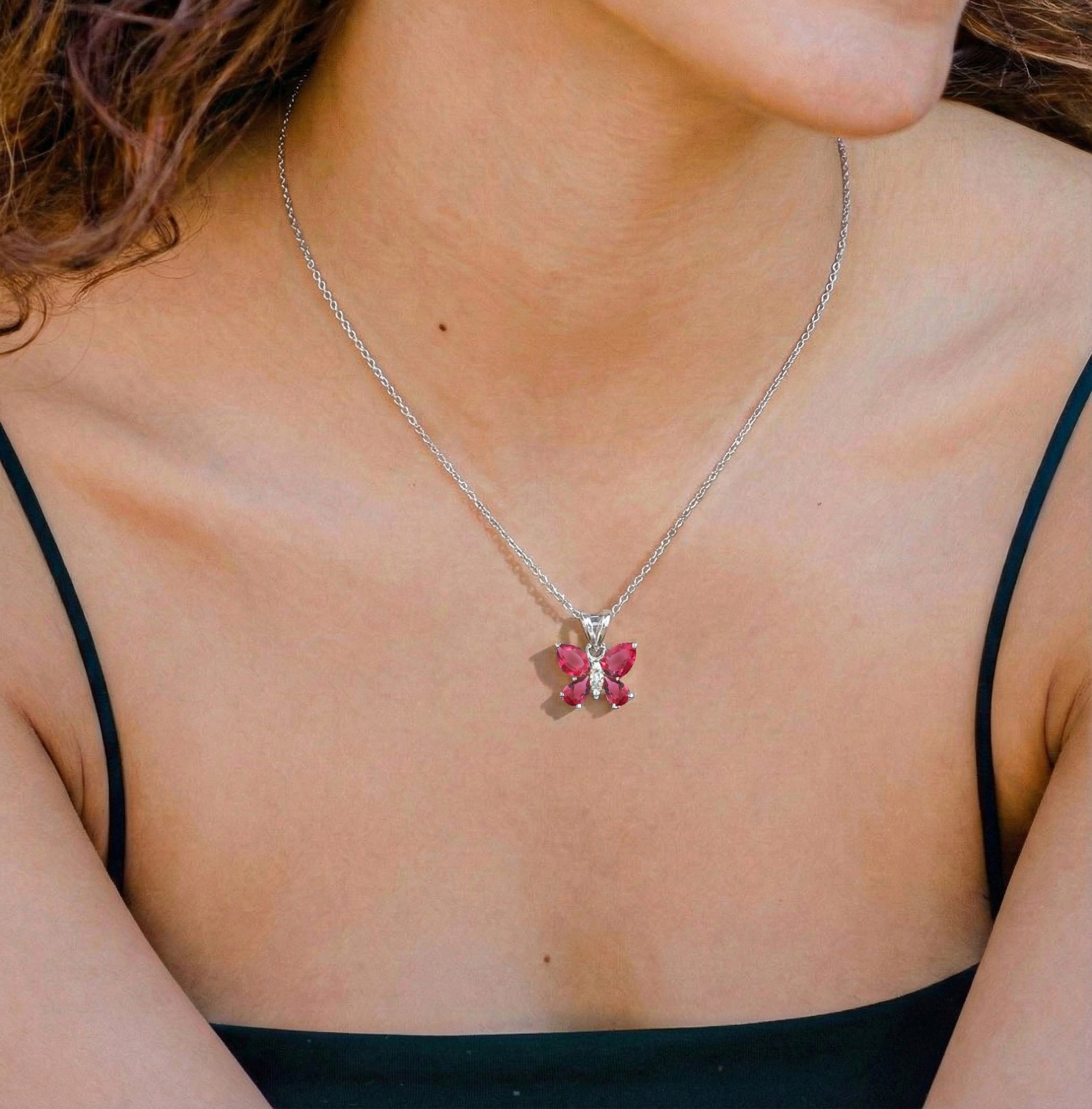 Pink Tourmaline Pear Butterfly Pendant Necklace in 925 Sterling Silver 2ct