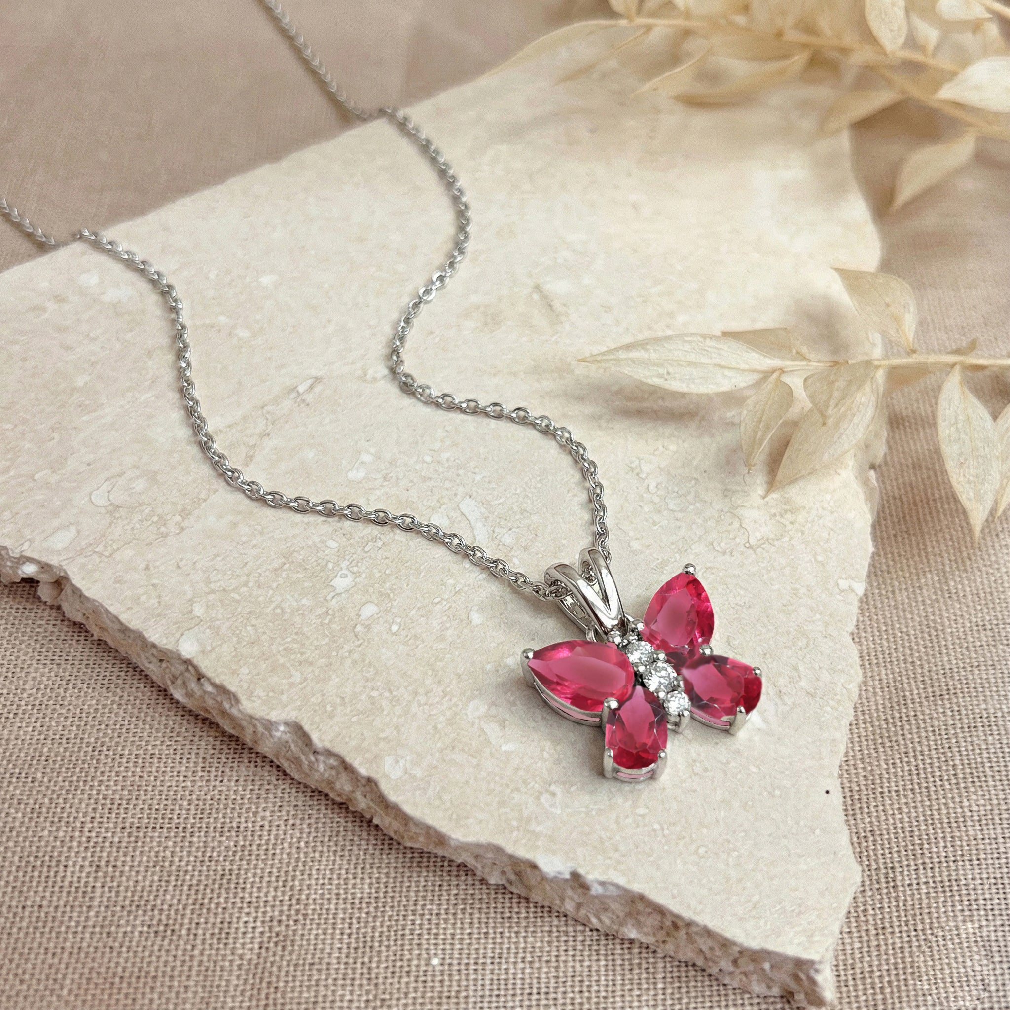 Pink Tourmaline Pear Butterfly Pendant Necklace in 925 Sterling Silver 2ct