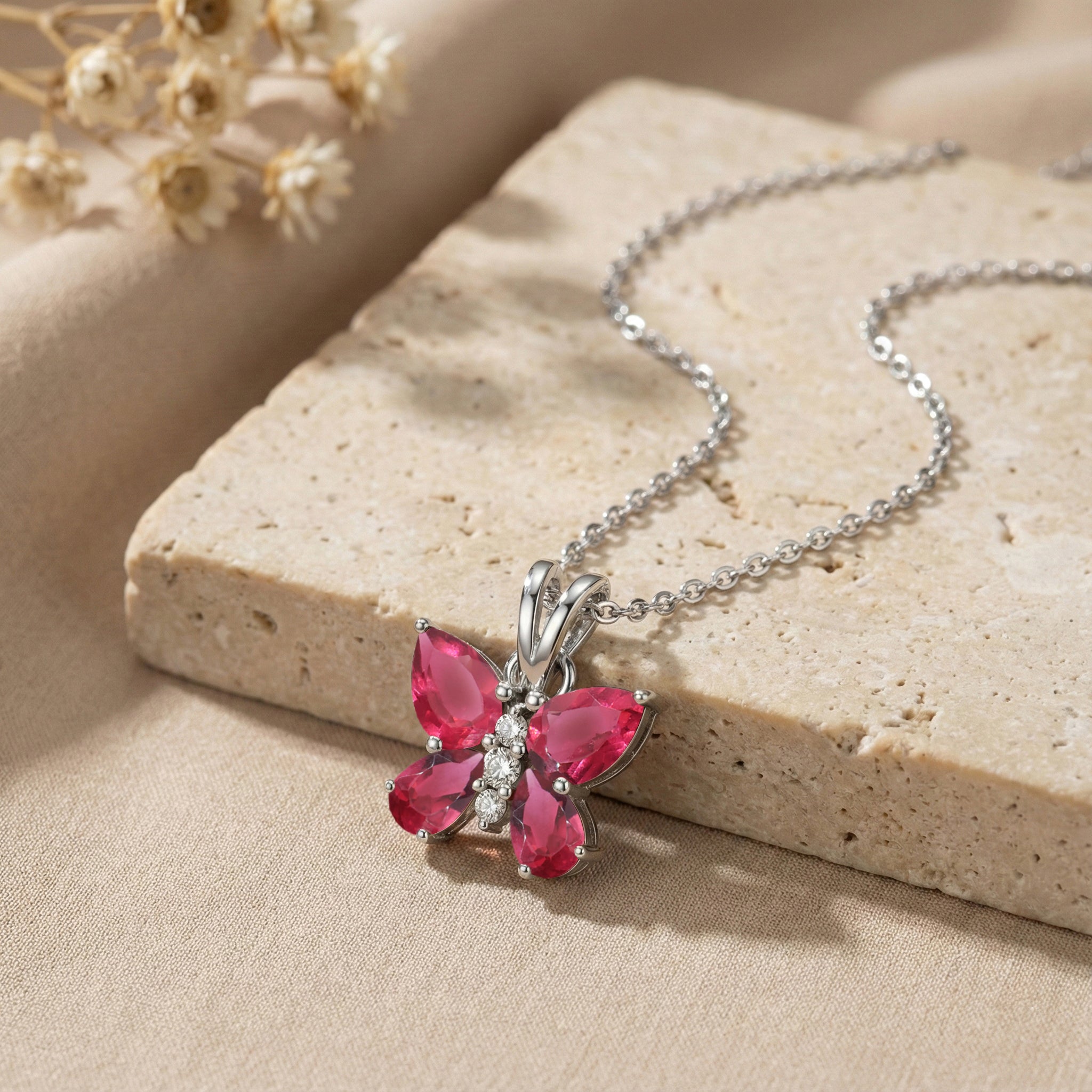 Pink Tourmaline Pear Butterfly Pendant Necklace in 925 Sterling Silver 2ct