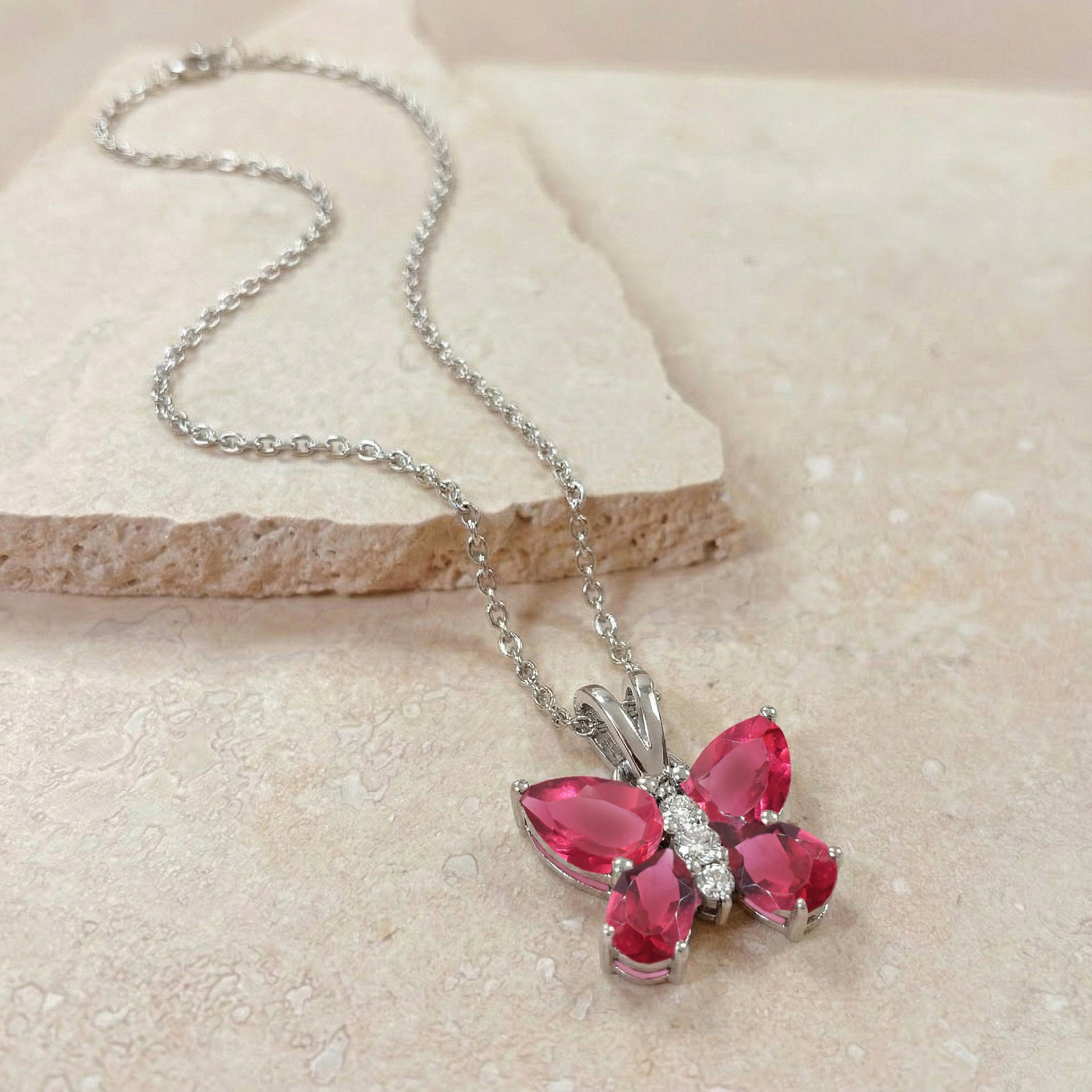 Pink Tourmaline Pear Butterfly Pendant Necklace in 925 Sterling Silver 2ct