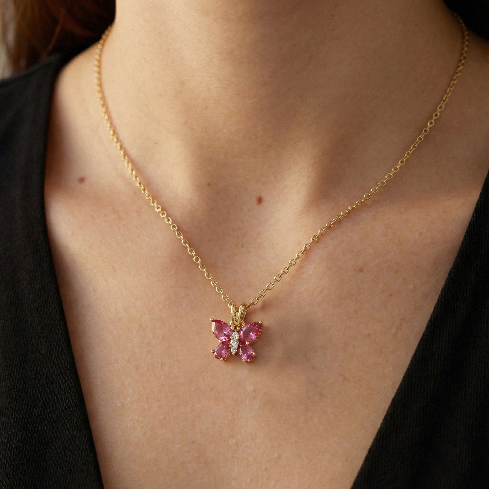 Pink Tourmaline Pear Butterfly Pendant Necklace in Yellow Gold Plated 2ct