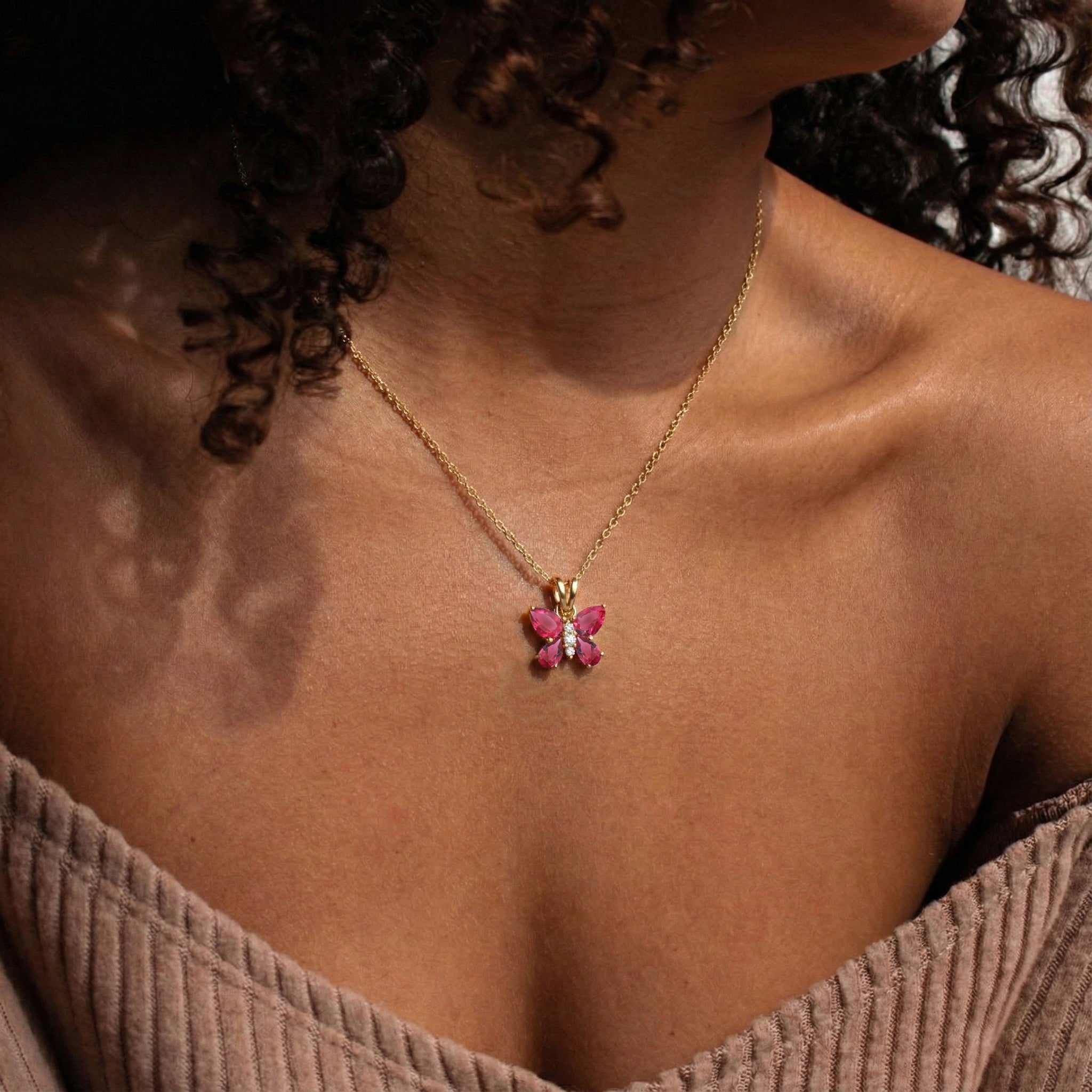 Pink Tourmaline Pear Butterfly Pendant Necklace in 925 Sterling Silver 2ct