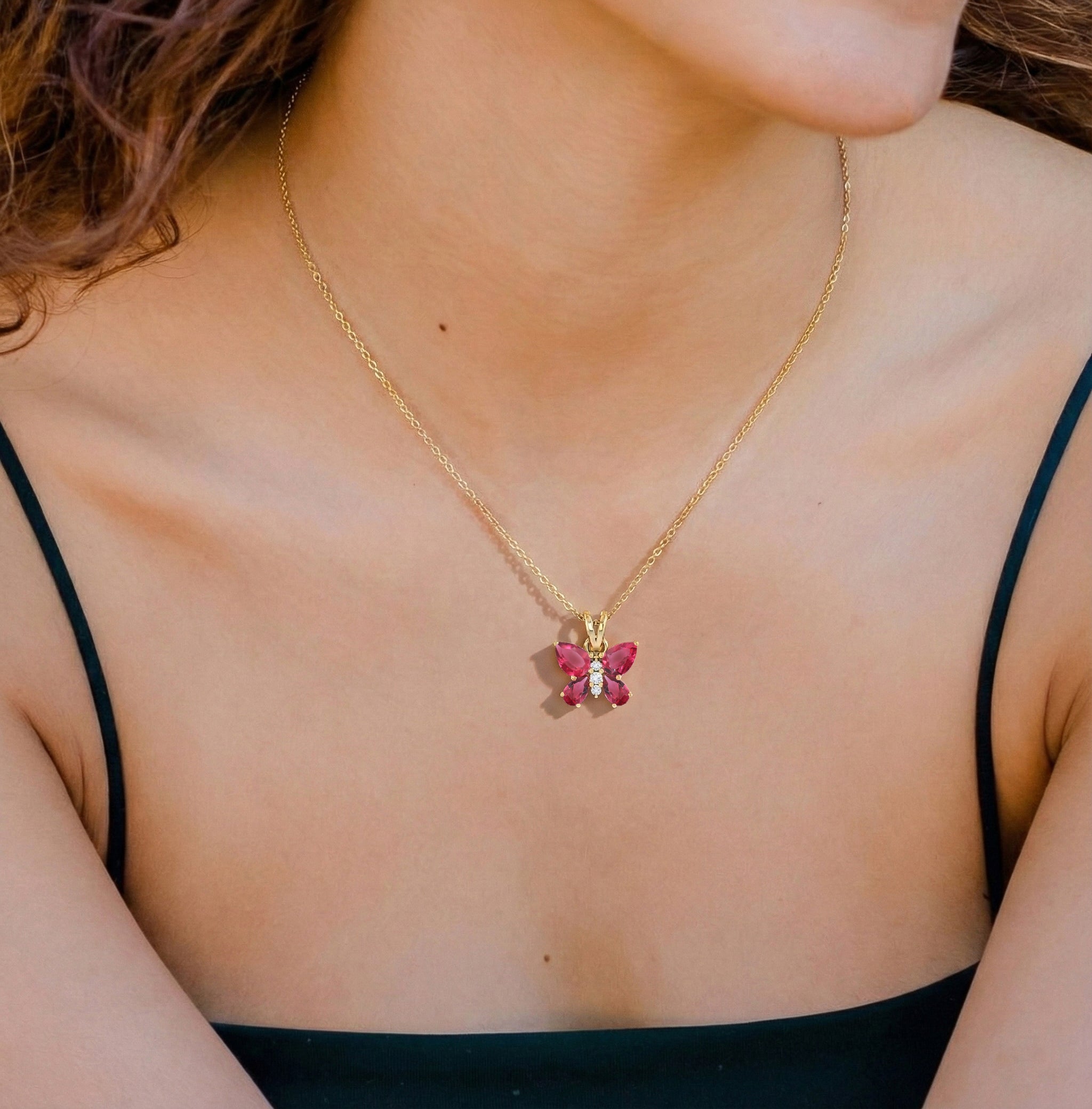 Pink Tourmaline Pear Butterfly Pendant Necklace in 925 Sterling Silver 2ct