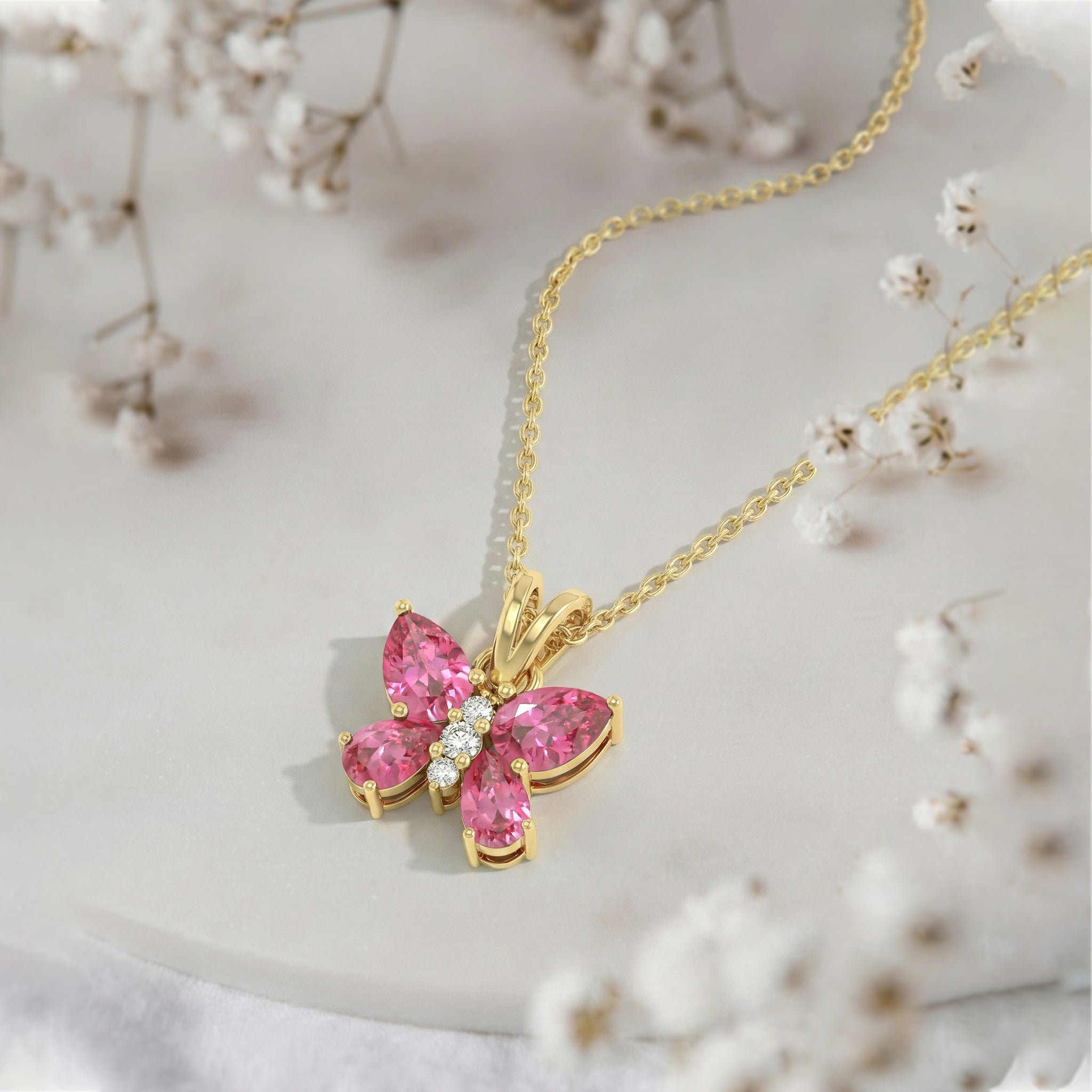 Pink Tourmaline Pear Butterfly Pendant Necklace in Yellow Gold Plated 2ct