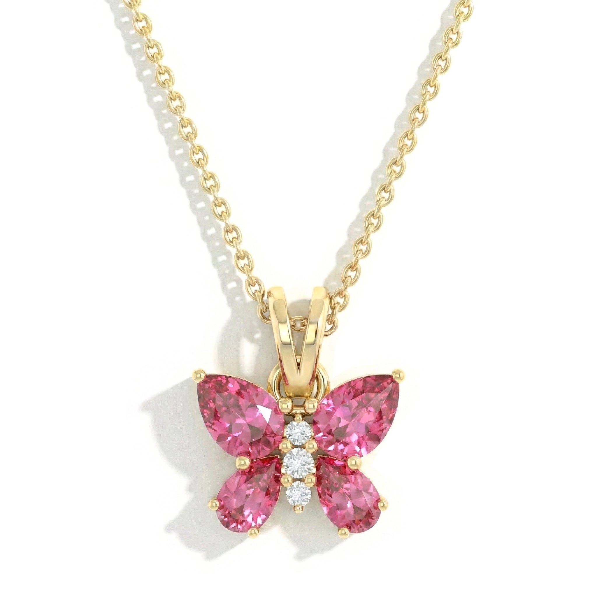 Pink Tourmaline Pear Butterfly Pendant Necklace in Yellow Gold Plated 2ct