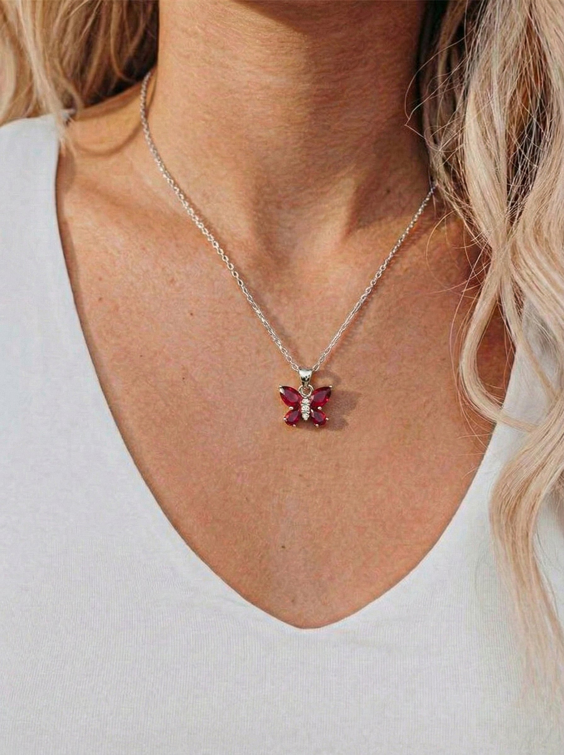 Ruby Pear Butterfly Pendant Necklace in 925 Sterling Silver 2ct