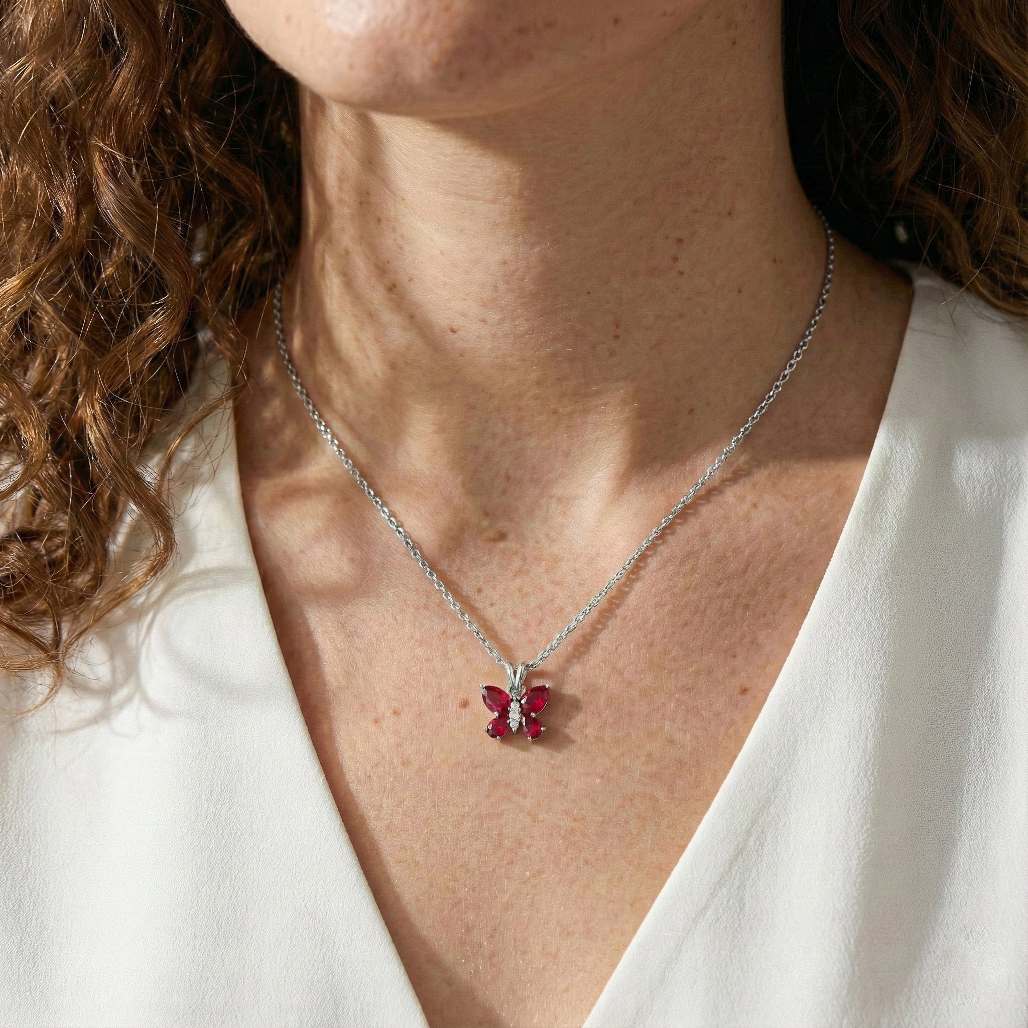 Ruby Pear Butterfly Pendant Necklace in 925 Sterling Silver 2ct