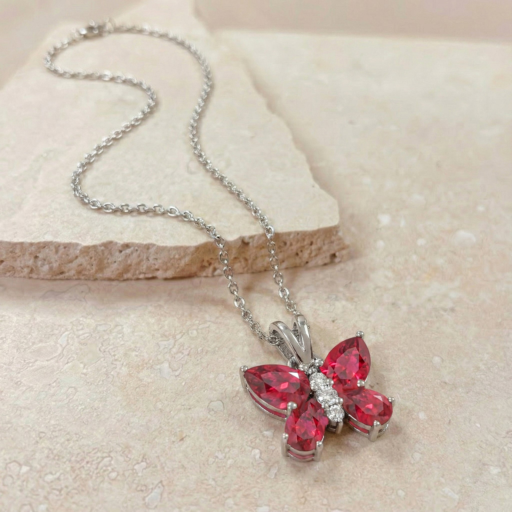 Ruby Pear Butterfly Pendant Necklace in 925 Sterling Silver 2ct