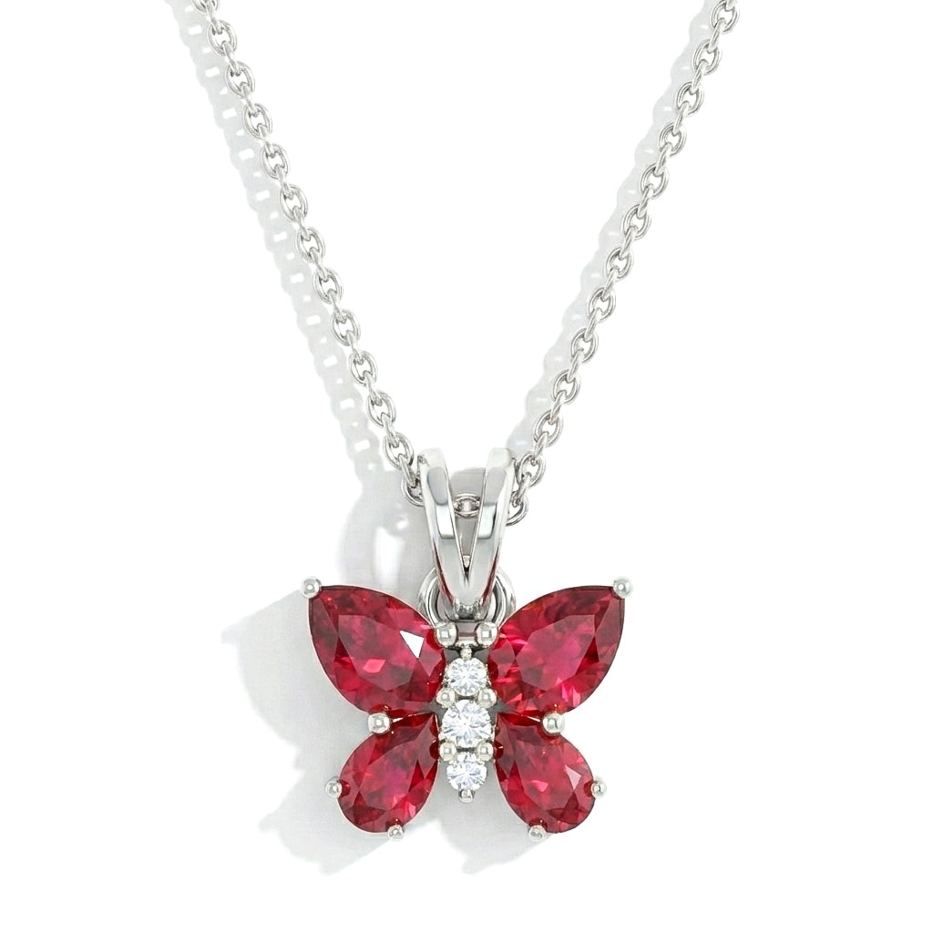 Ruby Pear Butterfly Pendant Necklace in 925 Sterling Silver 2ct