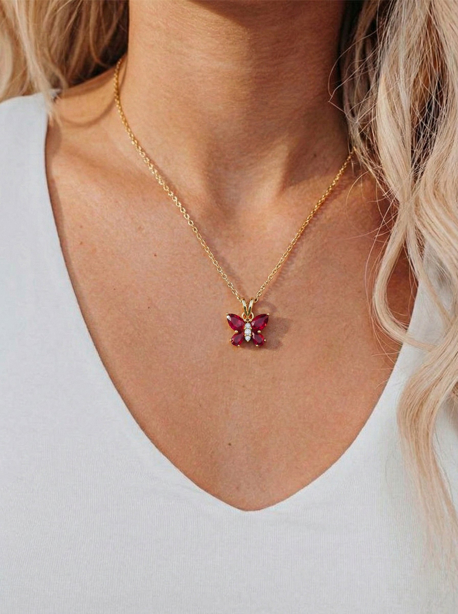 Ruby Pear Butterfly Pendant Necklace in Yellow Gold Plated 2ct