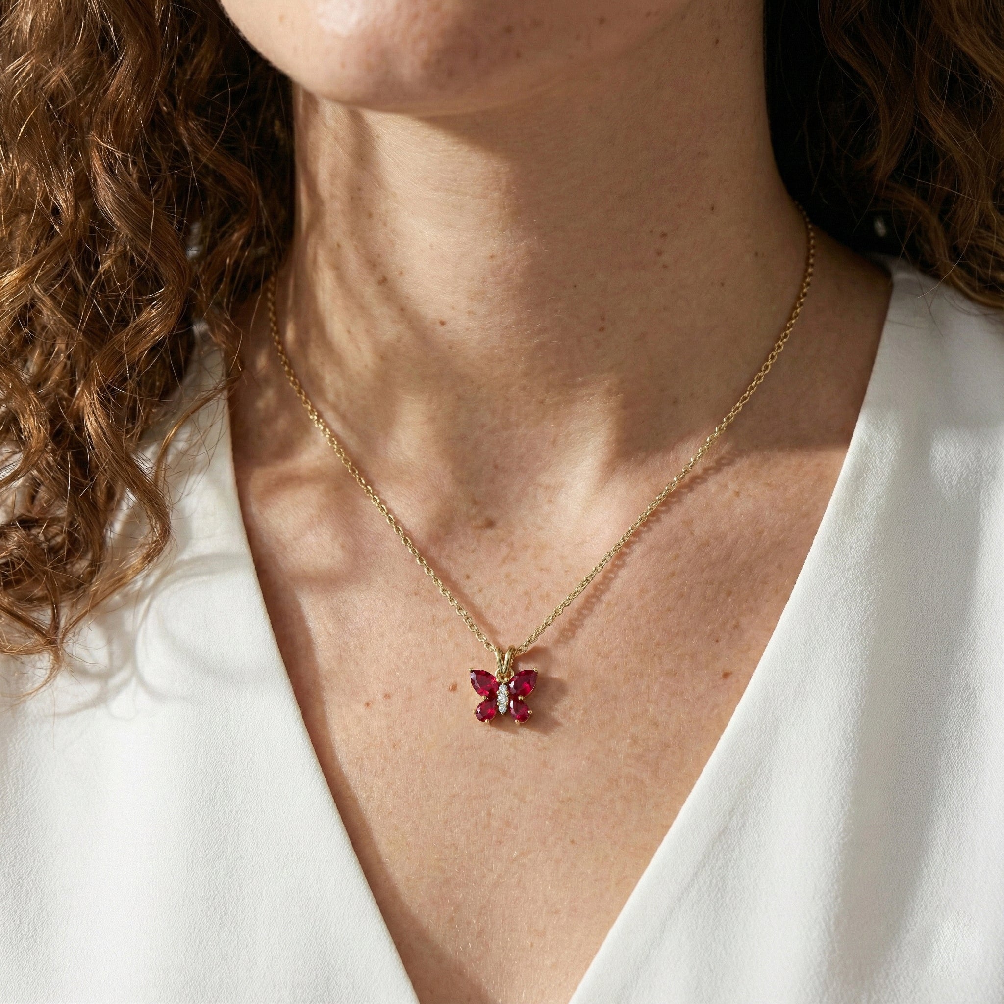 Ruby Pear Butterfly Pendant Necklace in Yellow Gold Plated 2ct