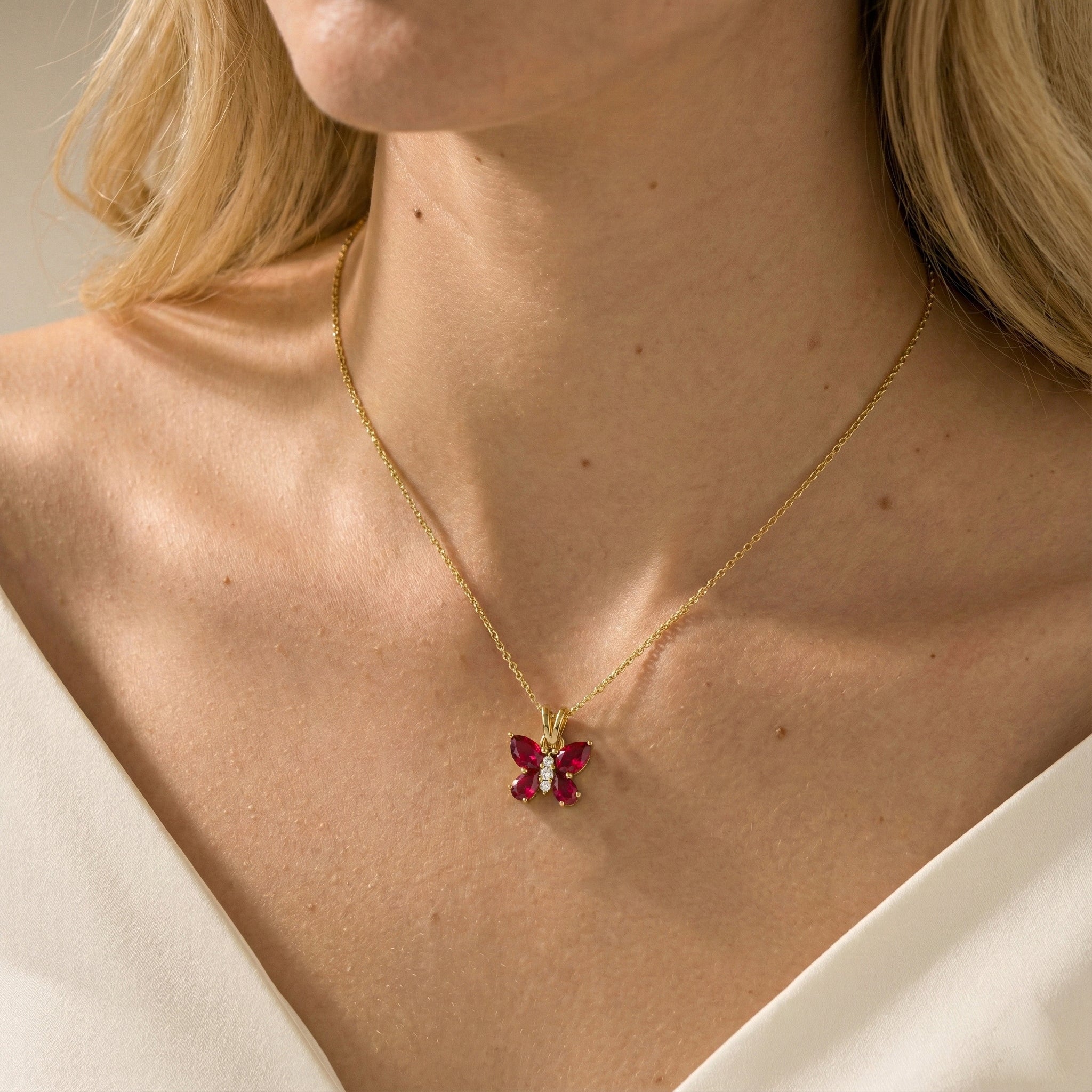 Ruby Pear Butterfly Pendant Necklace in Yellow Gold Plated 2ct