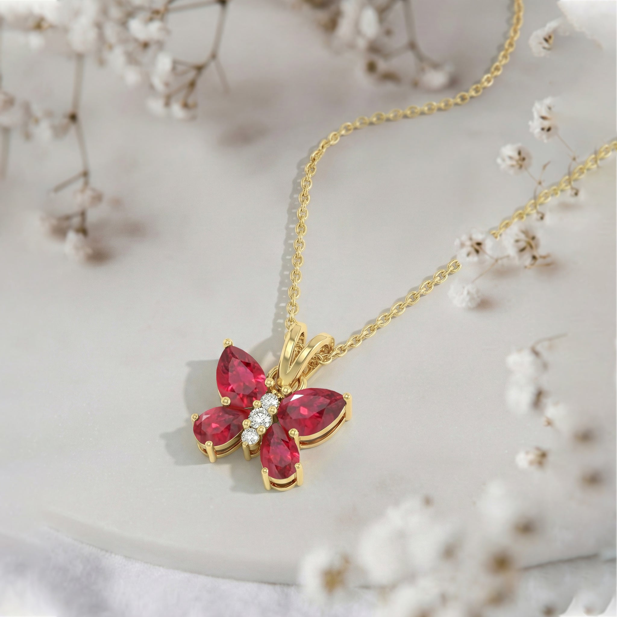 Ruby Pear Butterfly Pendant Necklace in Yellow Gold Plated 2ct