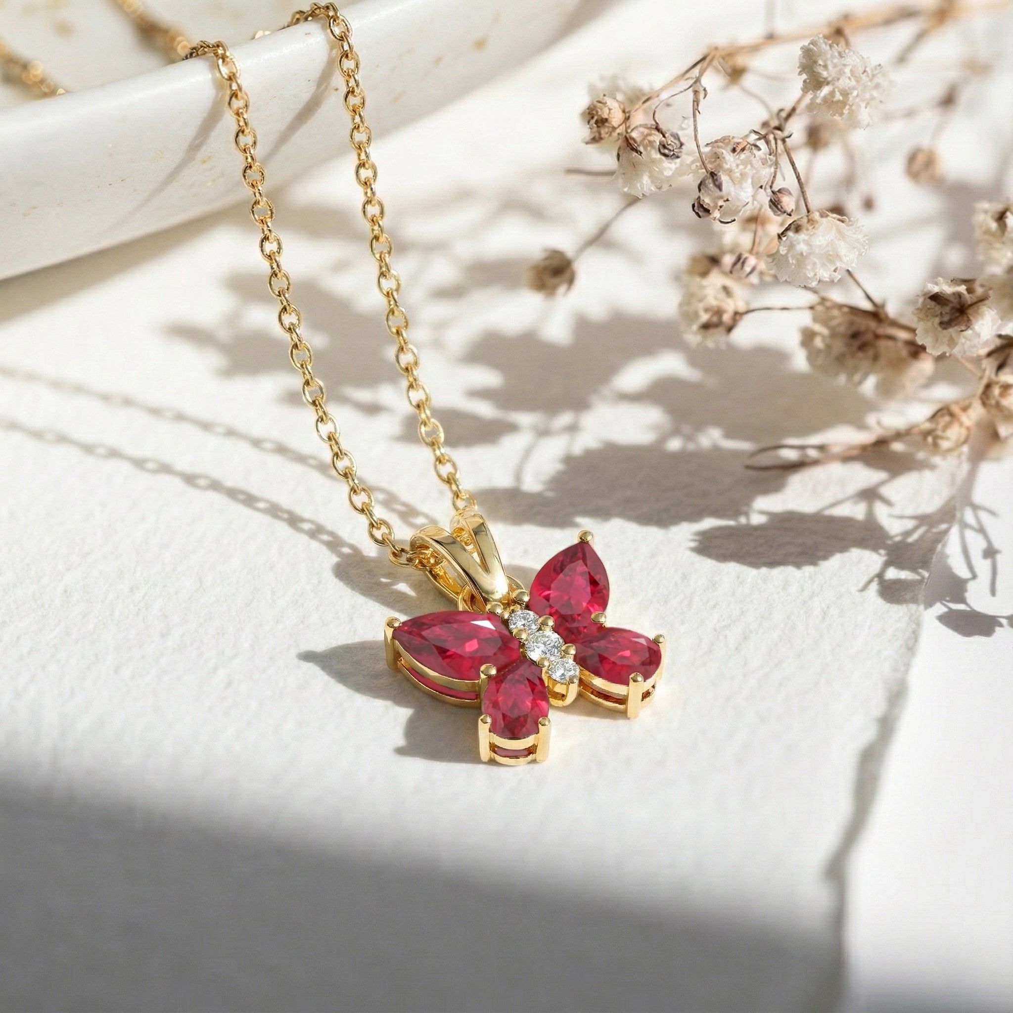 Ruby Pear Butterfly Pendant Necklace in Yellow Gold Plated 2ct
