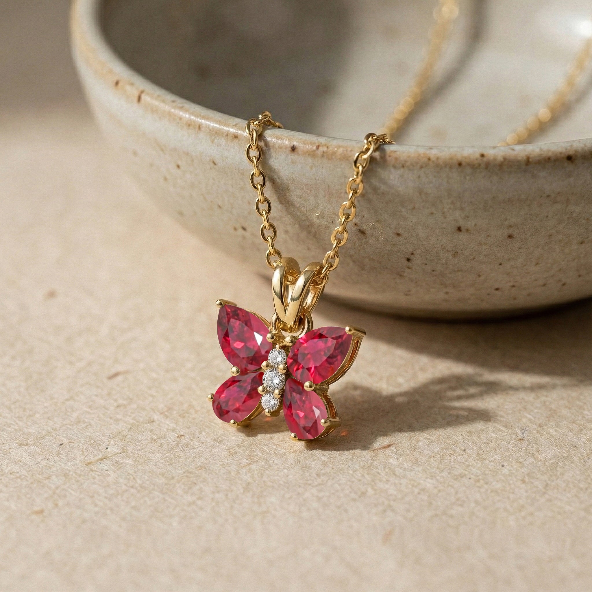 Ruby Pear Butterfly Pendant Necklace in Yellow Gold Plated 2ct