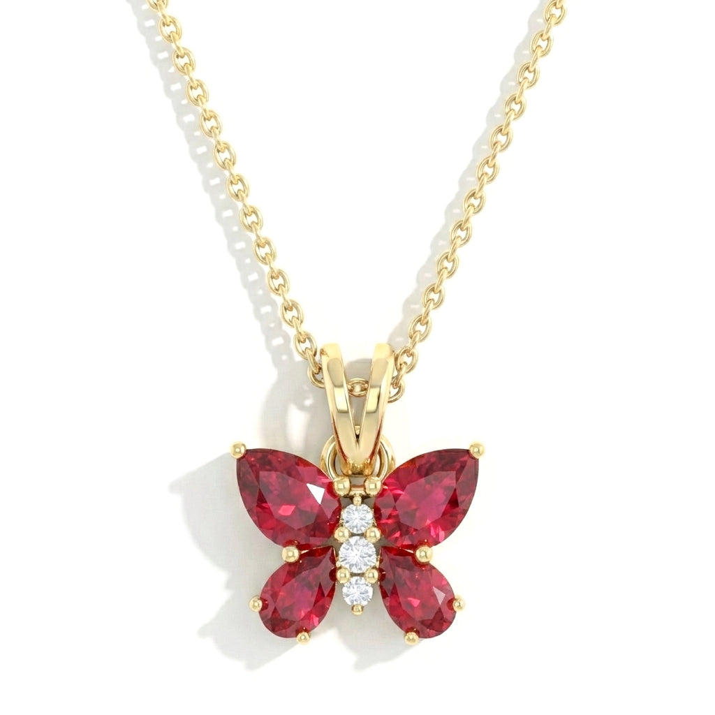 Ruby Pear Butterfly Pendant Necklace in Yellow Gold Plated 2ct