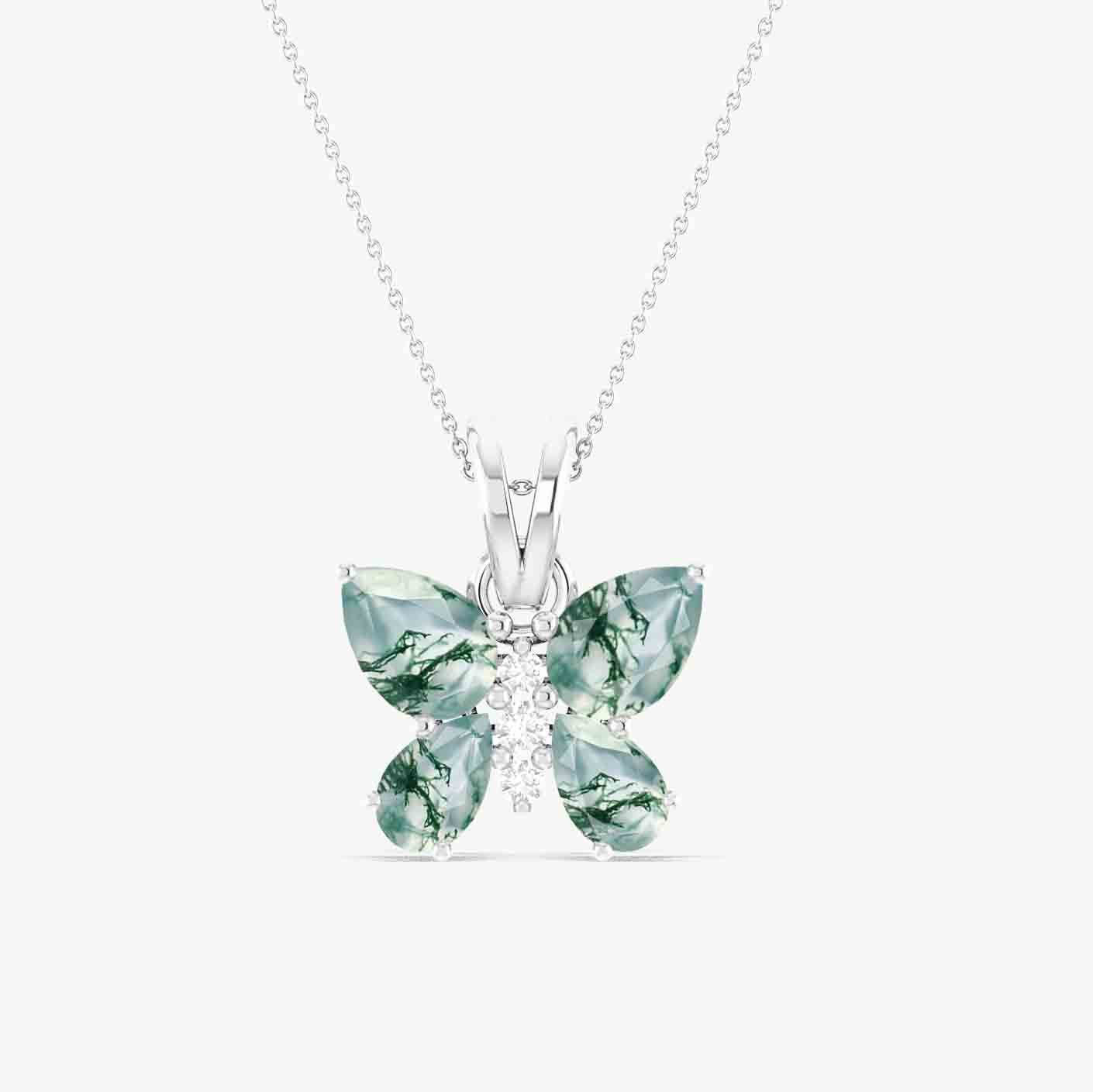Moss Agate Butterfly Pendant Necklace in 925 Sterling Silver 1.6ct
