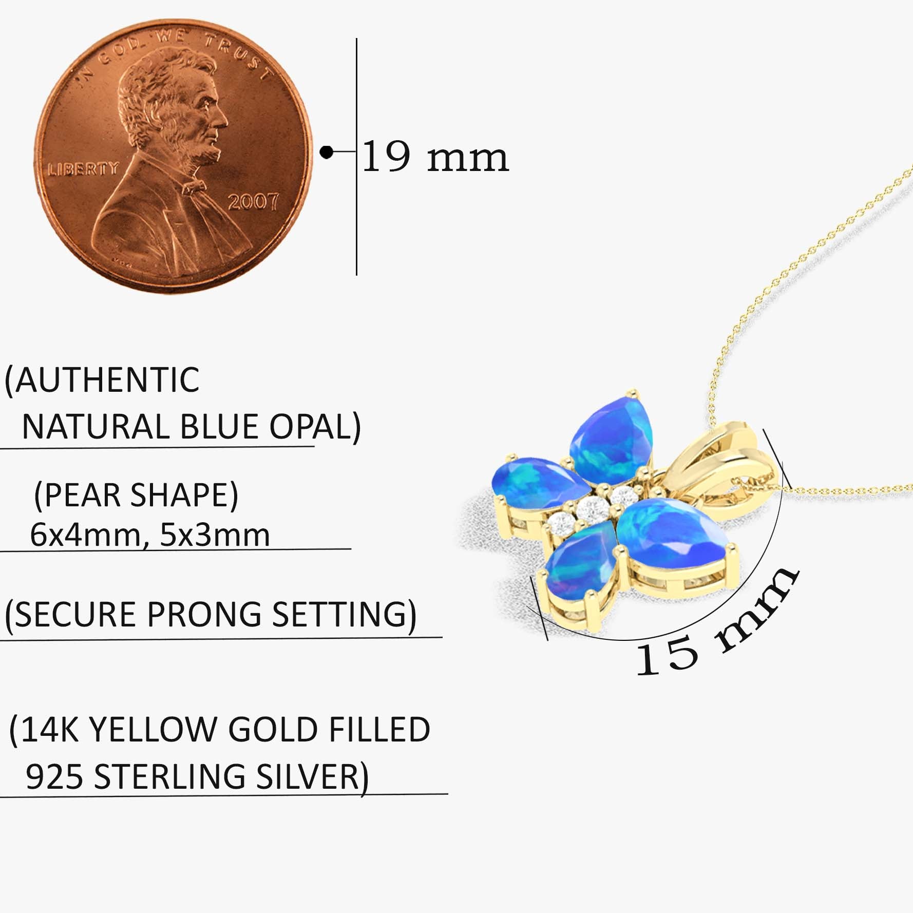 Blue Opal Butterfly Pendant Necklace in 925 Sterling Silver 1.3ct