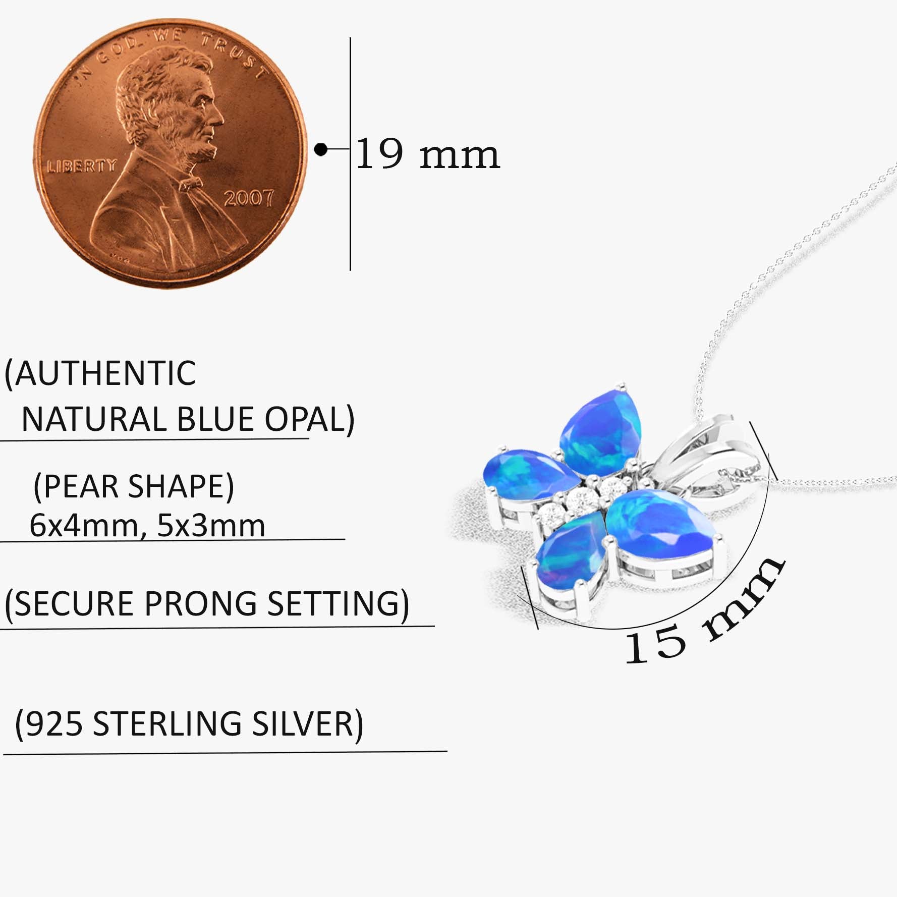 Blue Opal Butterfly Pendant Necklace in 925 Sterling Silver 1.3ct
