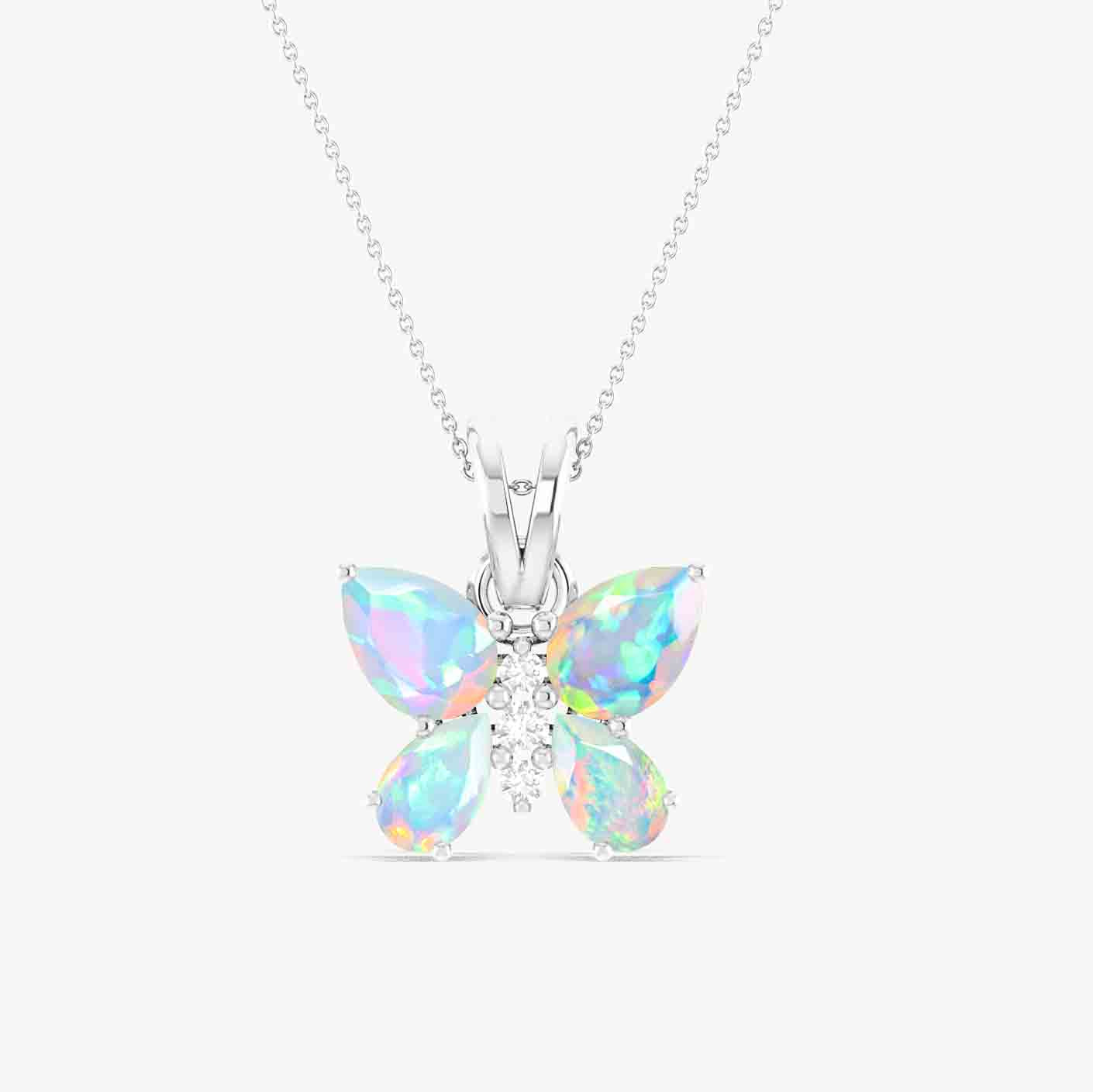White Opal Butterfly Pendant Necklace in 925 Sterling Silver 1.3ct