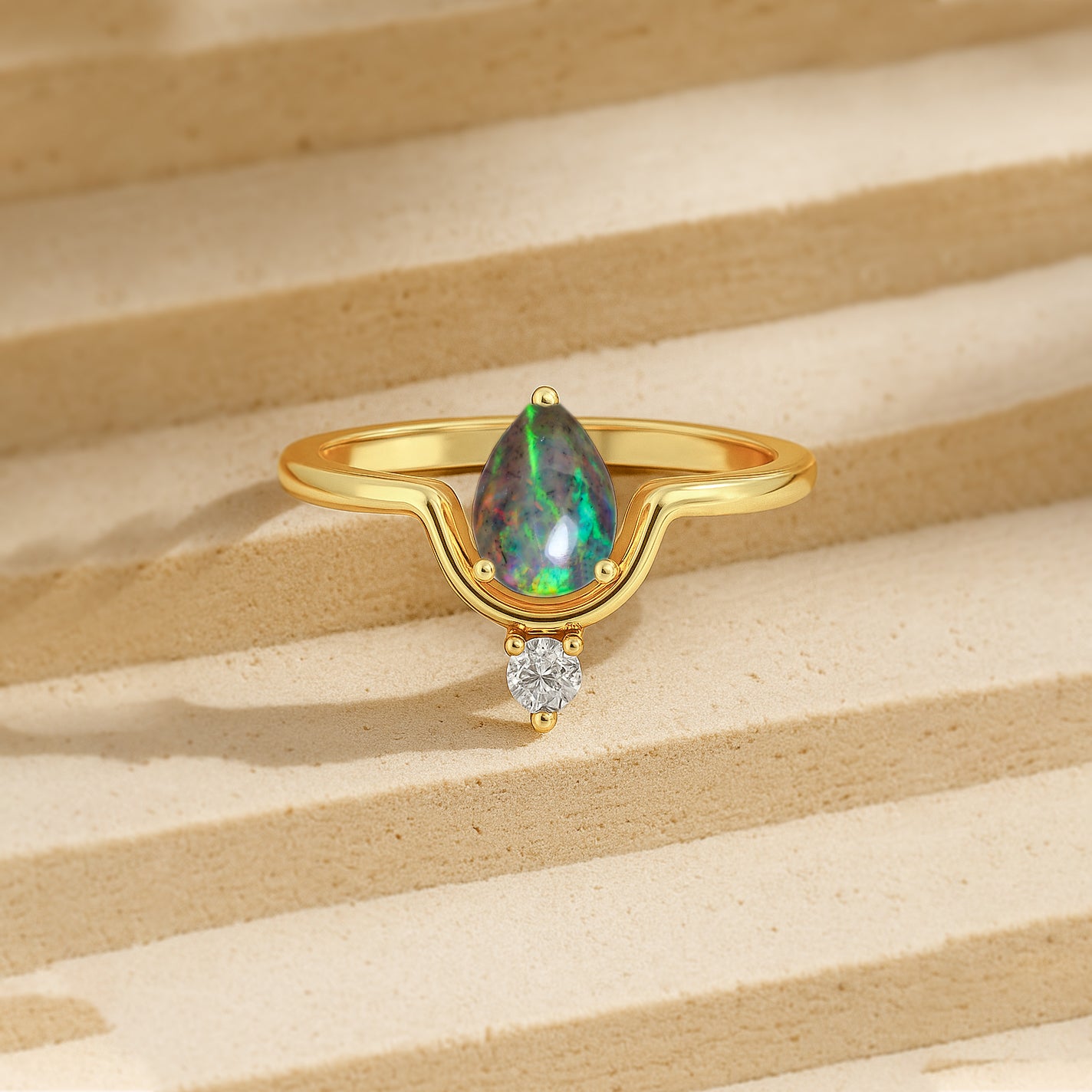 Wishbone Chevron Ring with Natural Black Opal and White Cubic Zirconia
