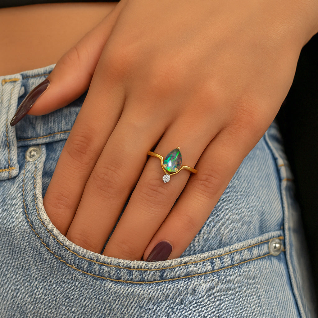 Wishbone Chevron Ring with Natural Black Opal and White Cubic Zirconia