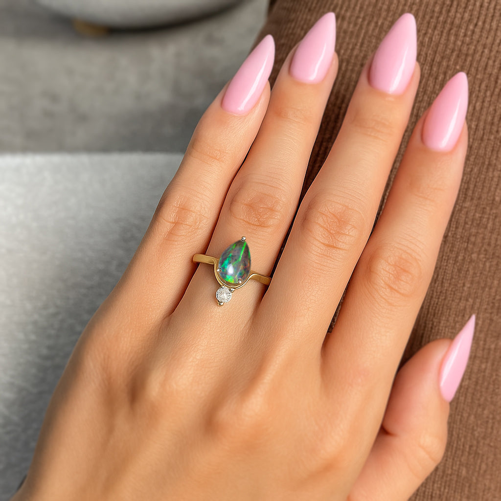 Wishbone Chevron Ring with Natural Black Opal and White Cubic Zirconia