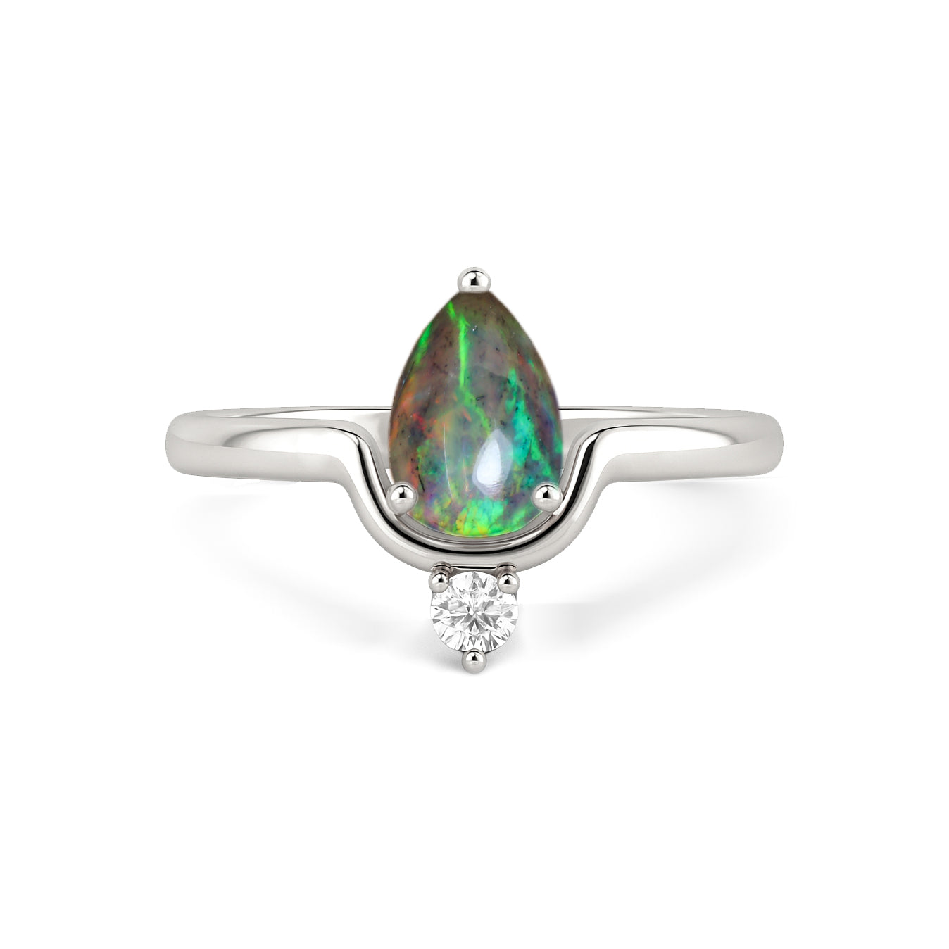 Wishbone Chevron Ring with Natural Black Opal and White Cubic Zirconia