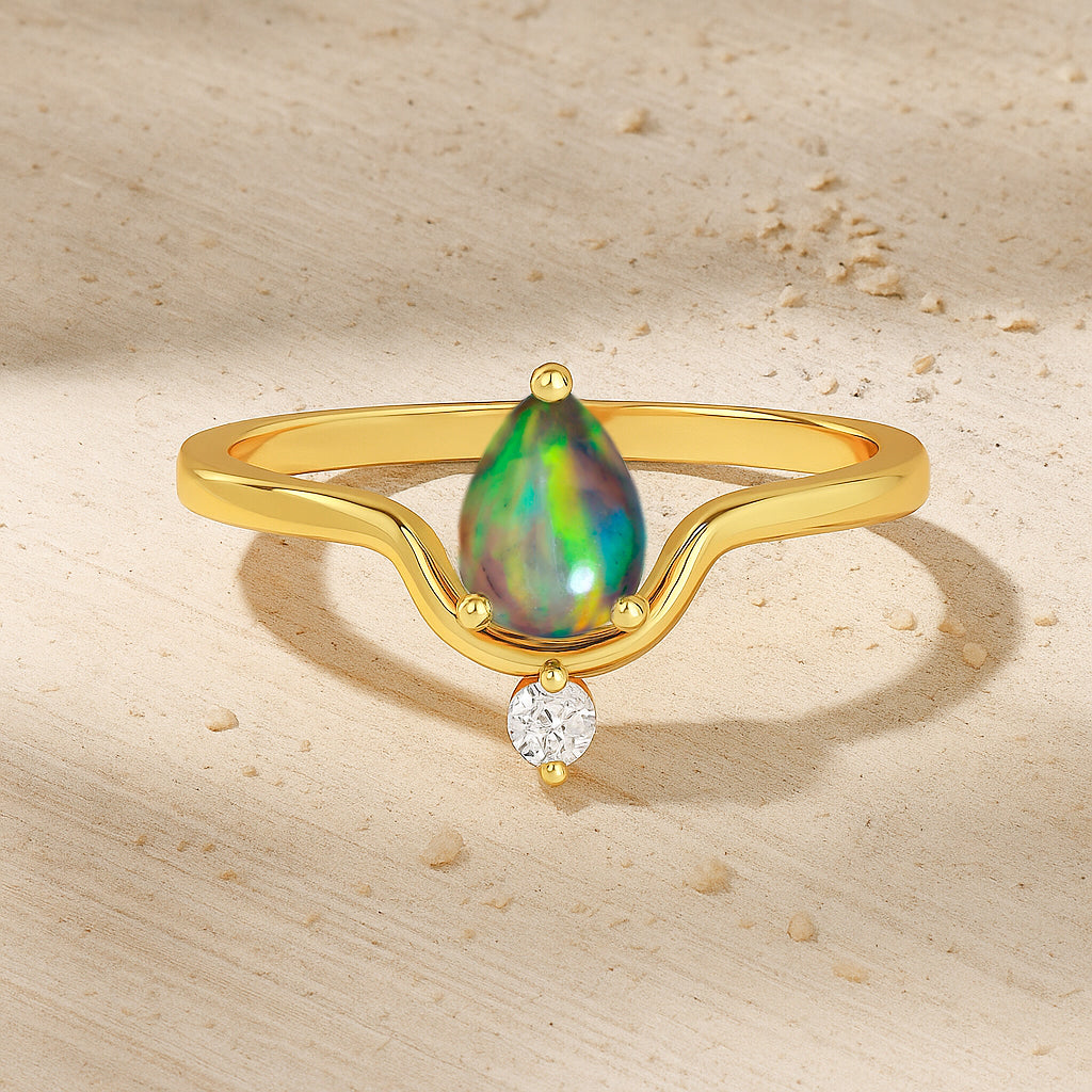 Wishbone Chevron Ring with Natural Black Opal and White Cubic Zirconia