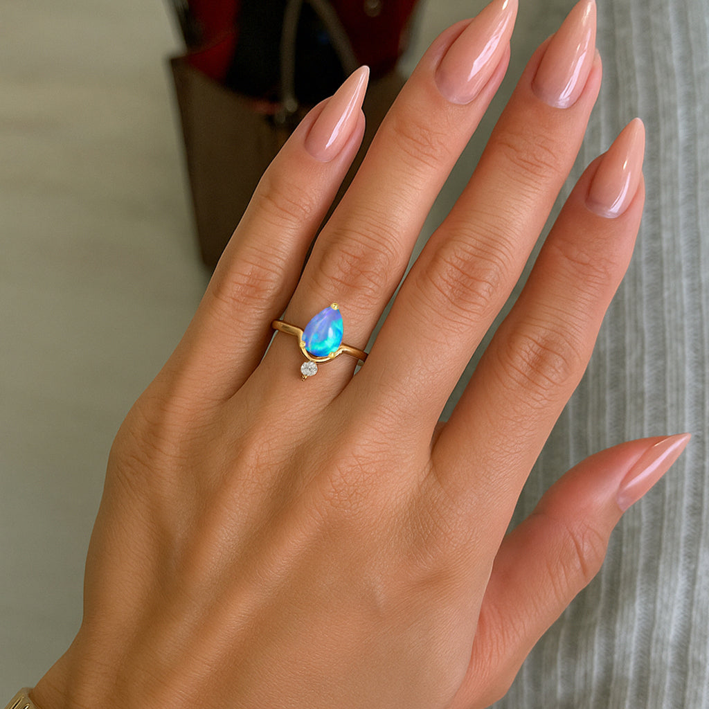 Wishbone Chevron Ring with Natural Blue Opal and White Cubic Zirconia