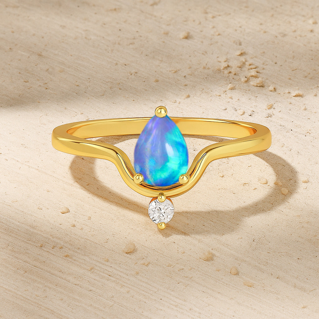 Wishbone Chevron Ring with Natural Blue Opal and White Cubic Zirconia