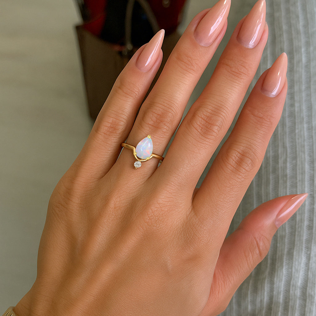 Wishbone Chevron Ring with Natural White Opal and Cubic Zirconia