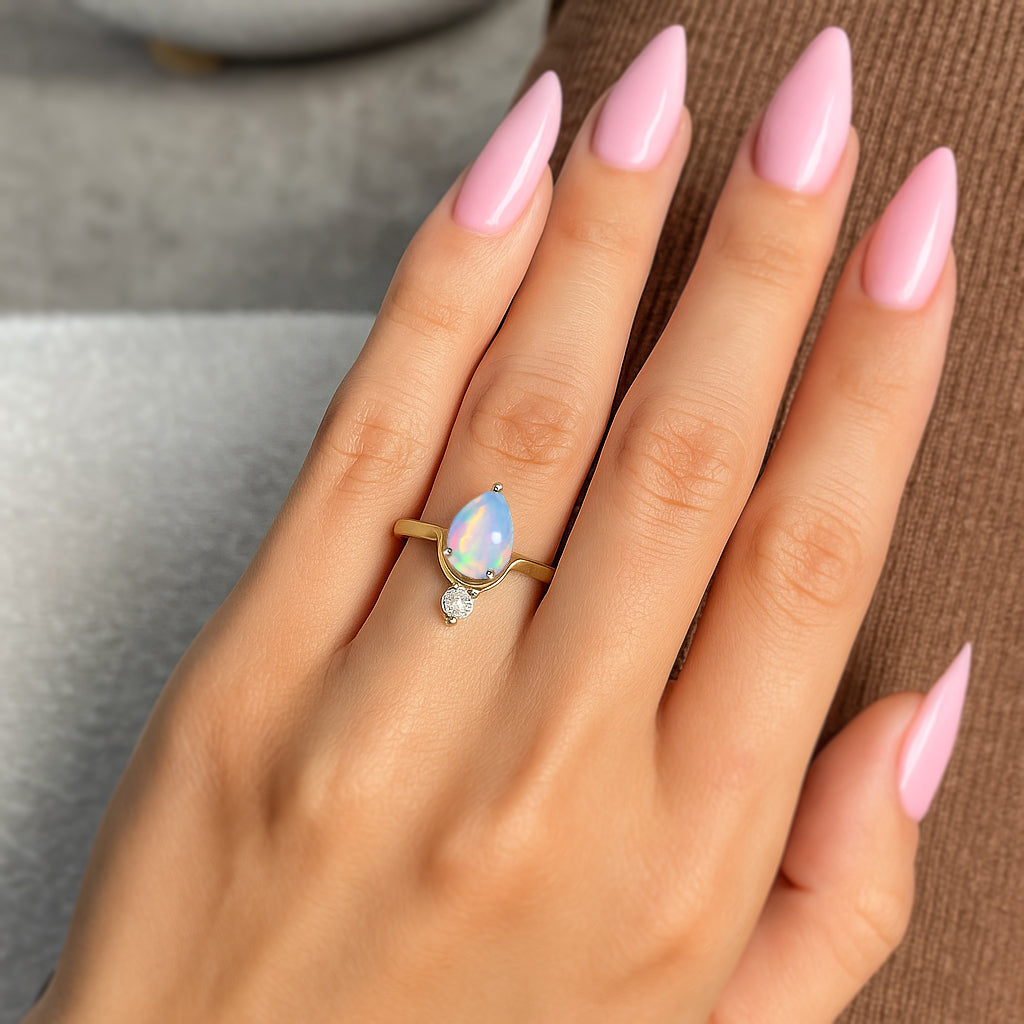 Wishbone Chevron Ring with Natural White Opal and Cubic Zirconia