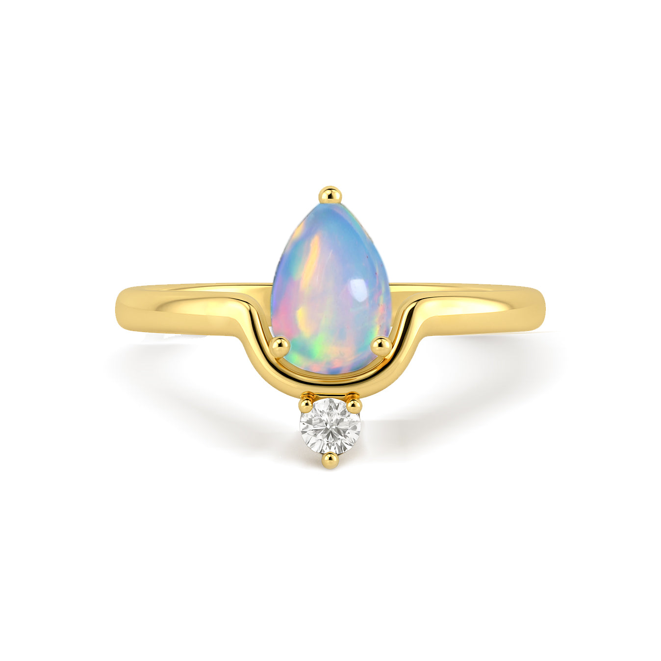 Wishbone Chevron Ring with Natural White Opal and Cubic Zirconia