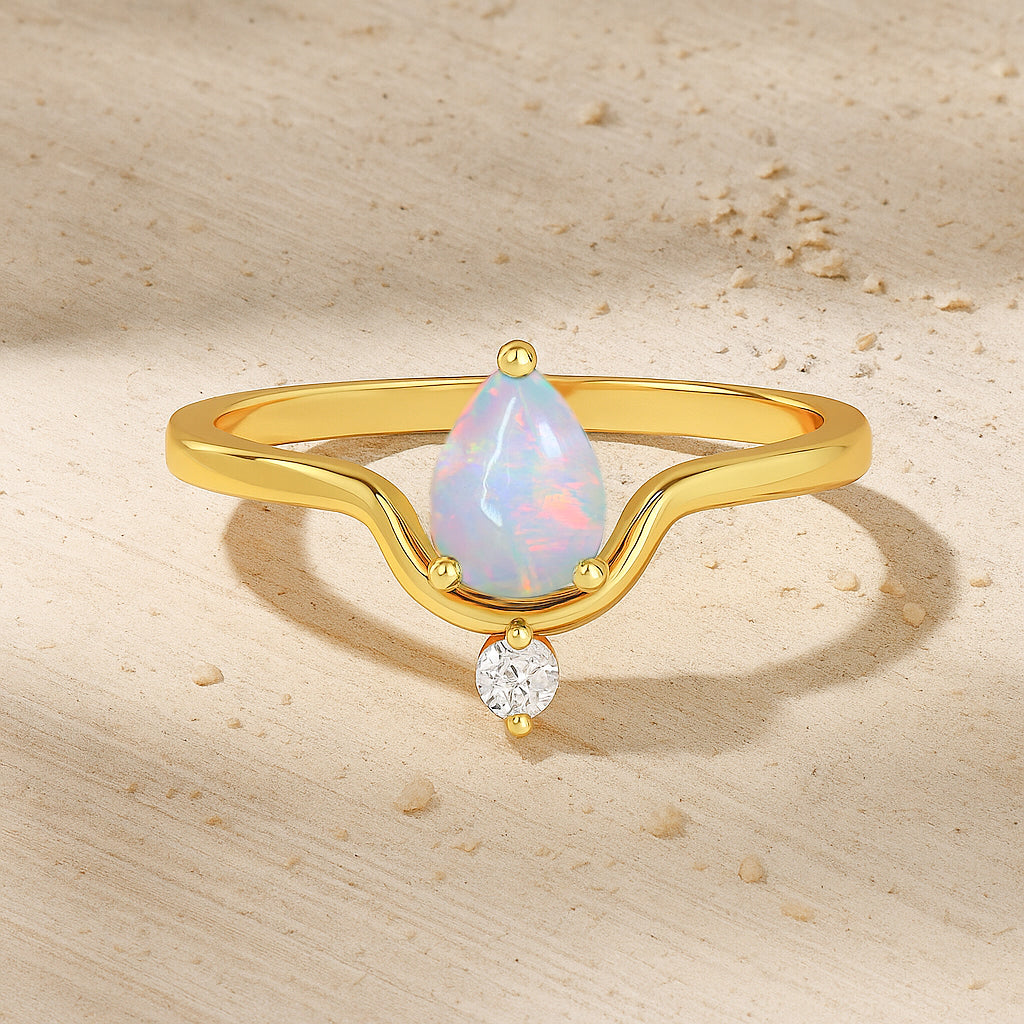 Wishbone Chevron Ring with Natural White Opal and Cubic Zirconia