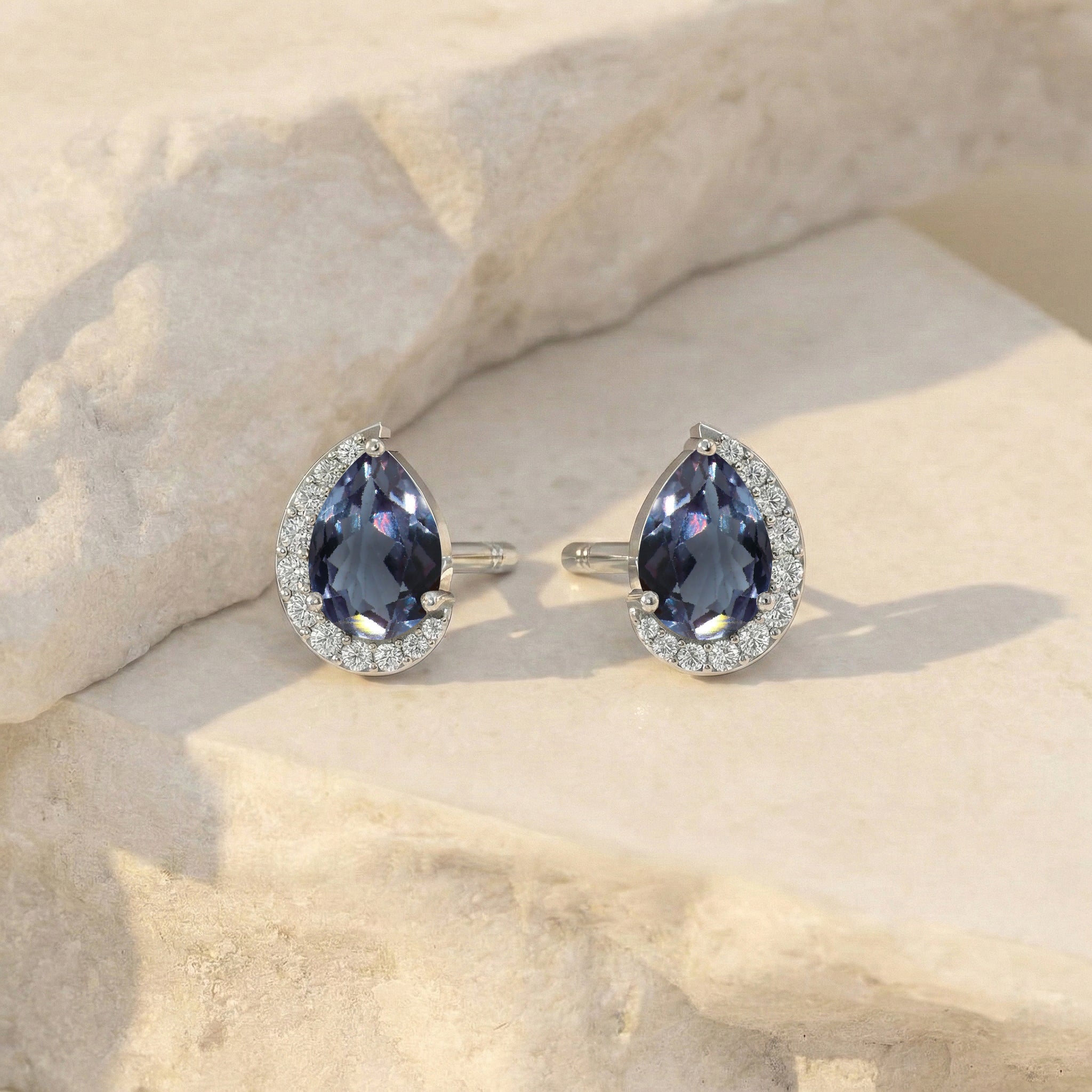 Alexandrite Pear Halo Stud Earrings in 925 Sterling Silver 1ct