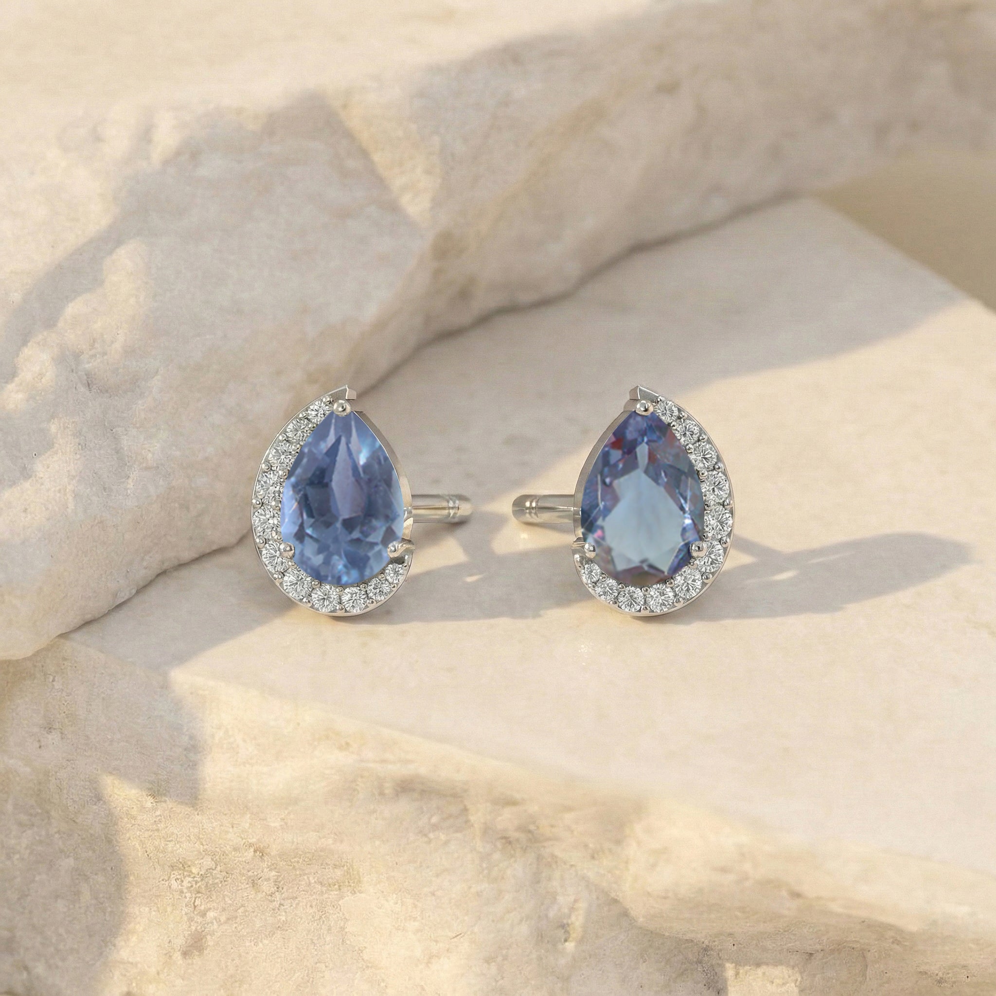 Alexandrite Pear Halo Stud Earrings in 925 Sterling Silver 1ct